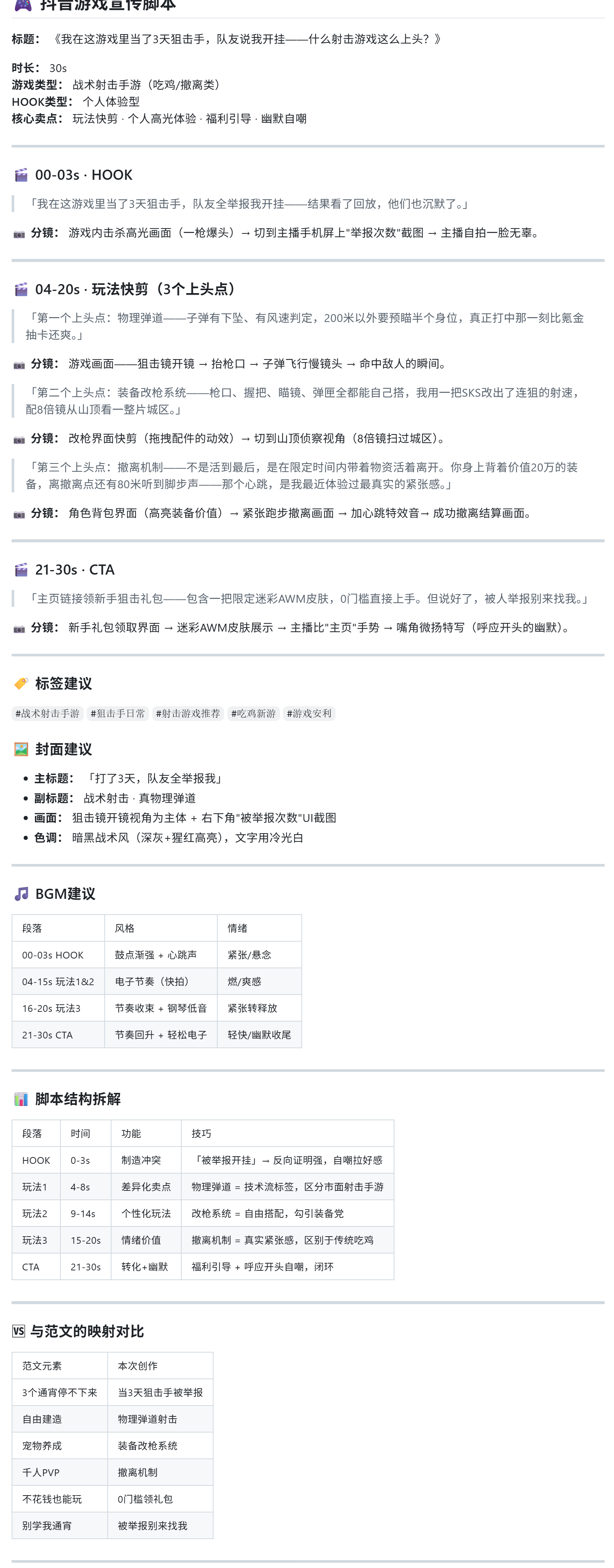 用范文骨架让 AI 重写一版——抖音游戏宣传脚本完整产物