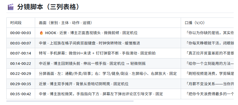 EasyClaw 分镜表格输出示例：时间段、画面描述、口播文案三列对照，可直接交给摄影师拍摄
