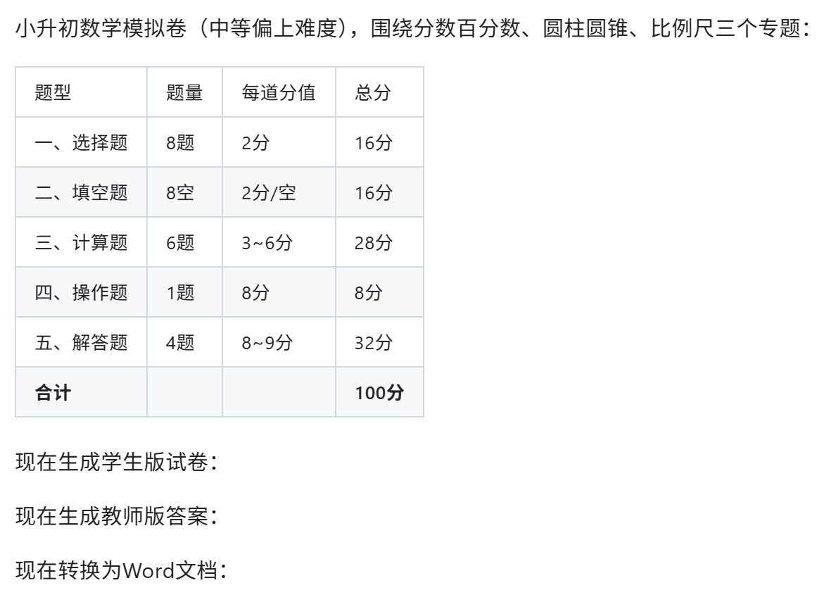 EasyClaw AI生成六年级小升初数学试卷占位示意
