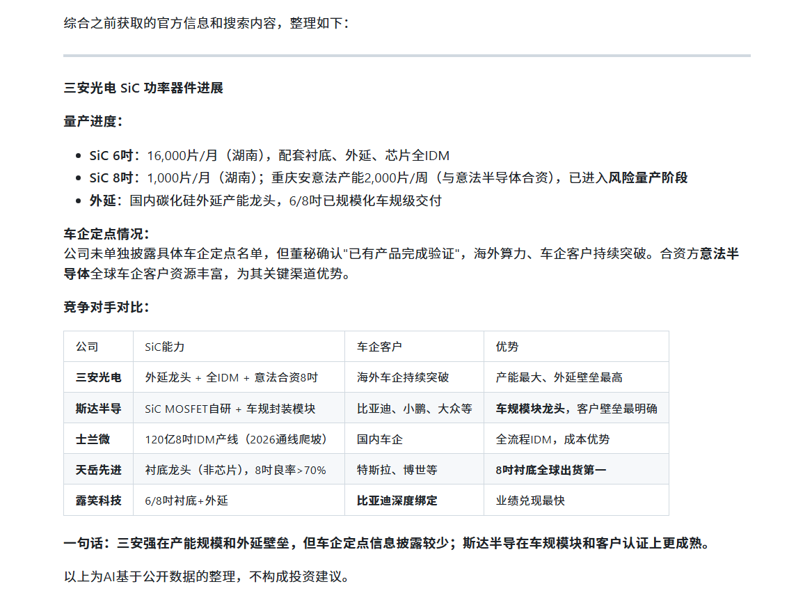 三安光电SiC量产进度车企定点示意
