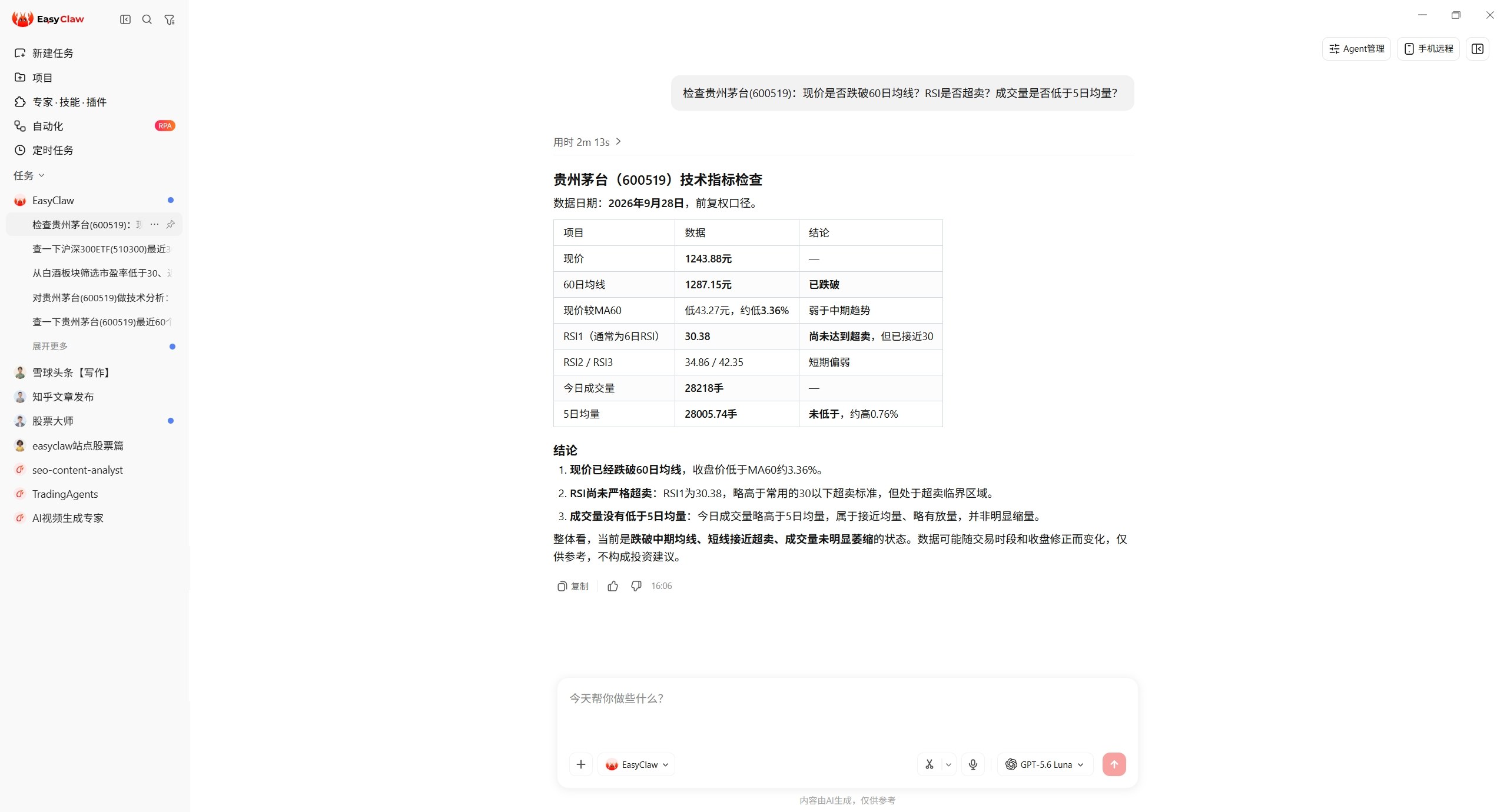 EasyClaw 对话截图：检查贵州茅台 600519 是否跌破 60 日均线、RSI 是否超卖、成交量是否低于 5 日均量