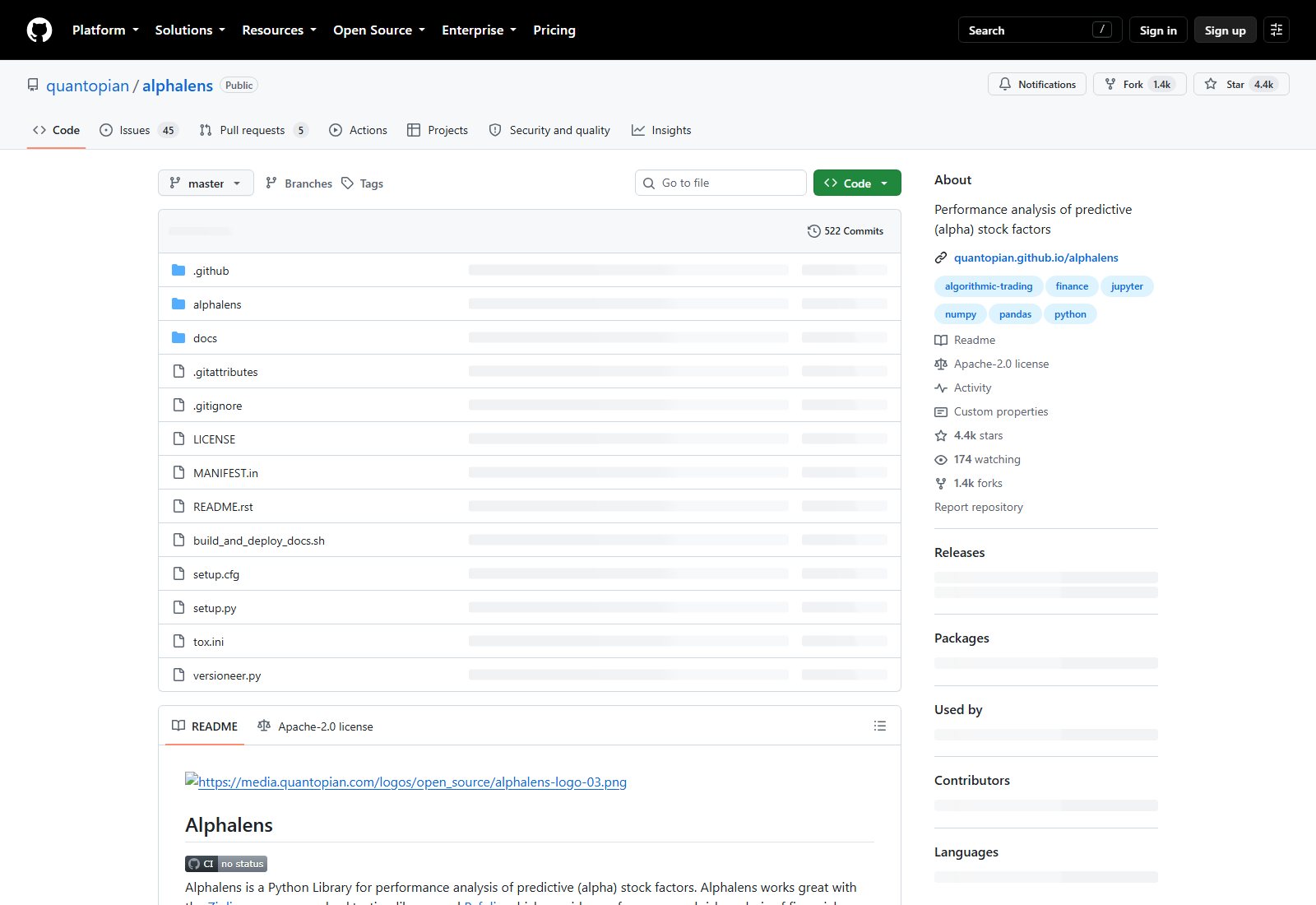 quantopian/alphalens GitHub 仓库页面截图：仓库名、About 简介、Apache-2.0 许可与顶层文件列表