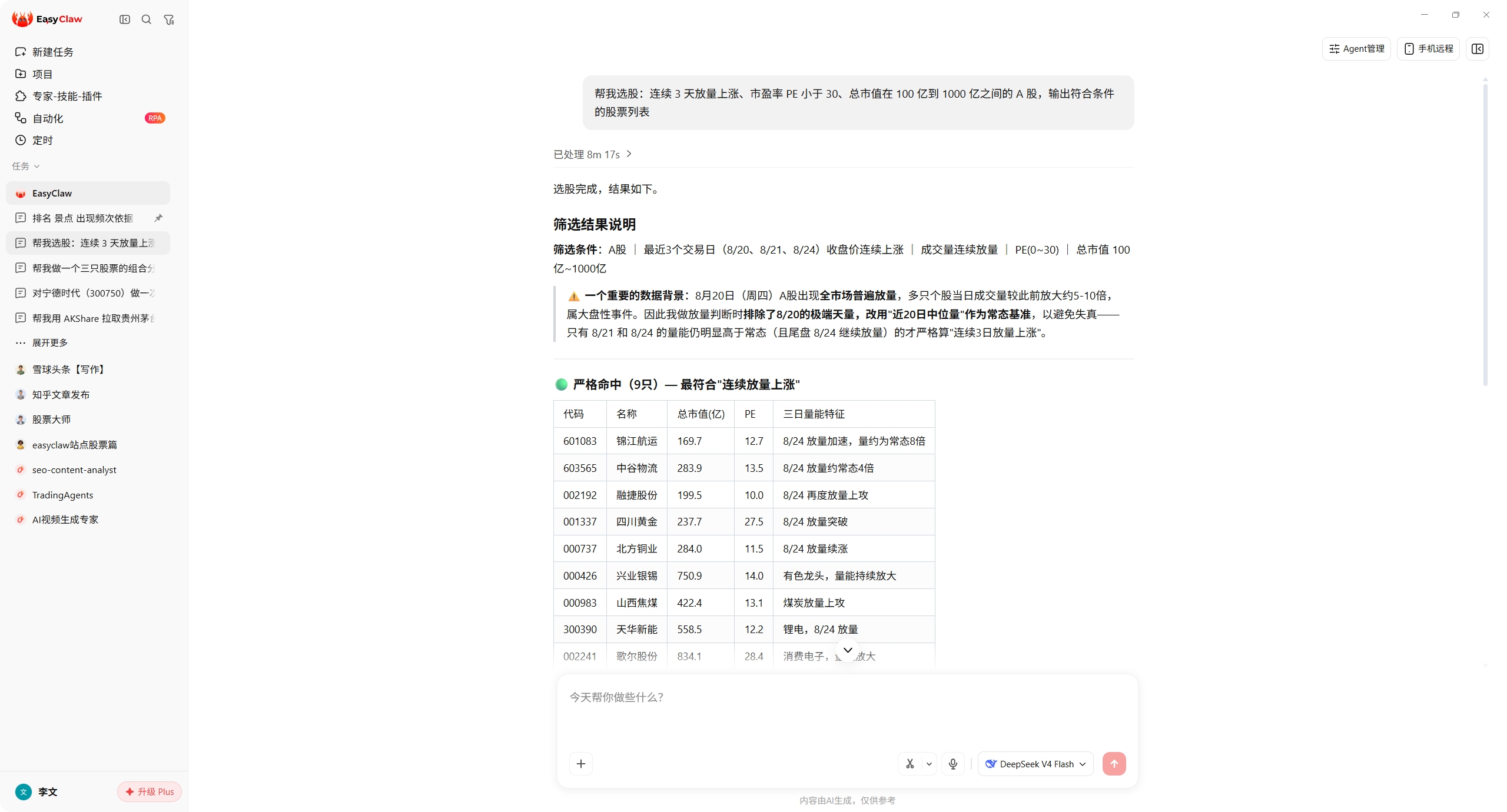 EasyClaw 中一句话选股（连续3天放量上涨+PE<30+市值100亿~1000亿）的实际结果截图