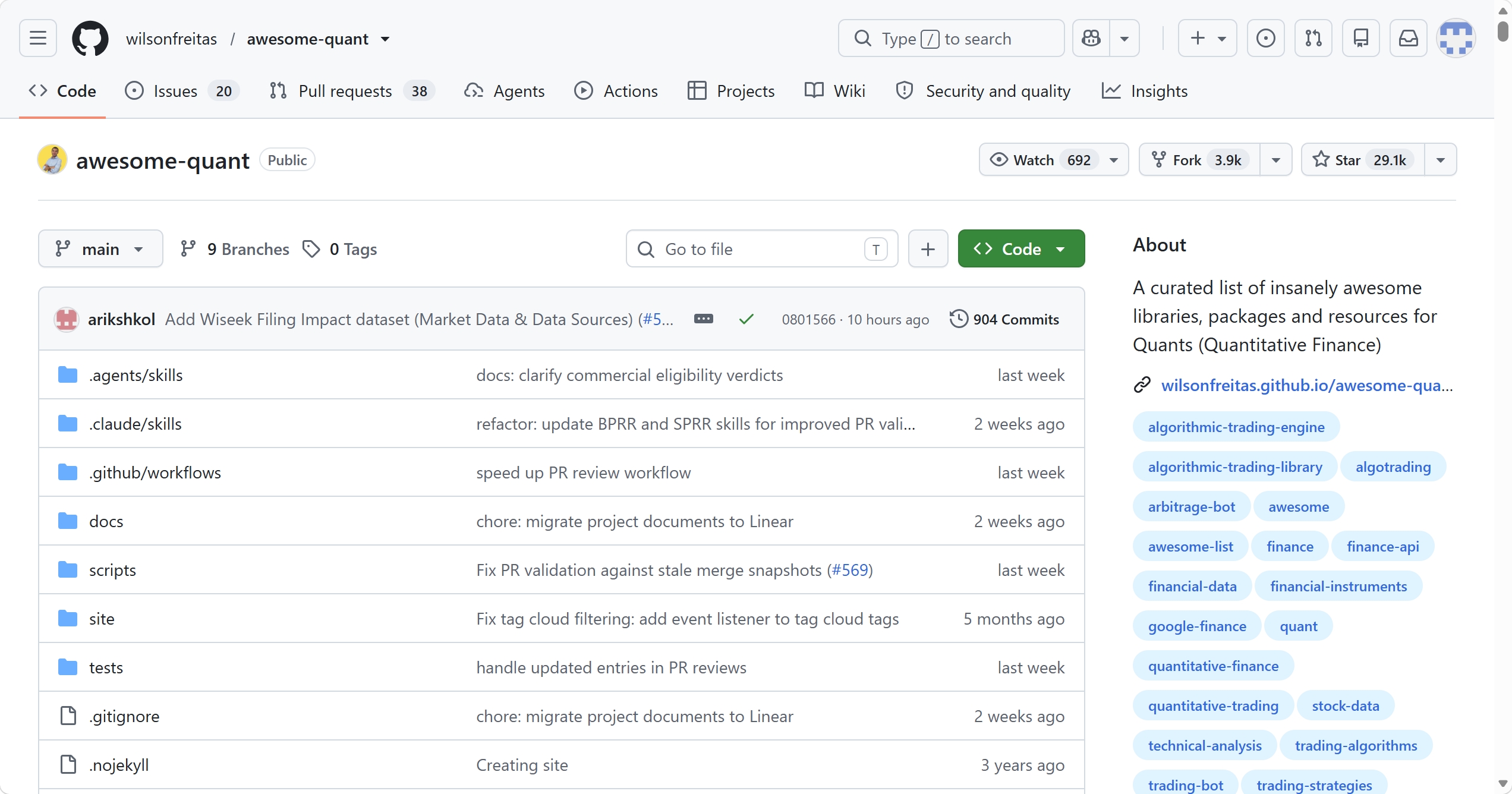 wilsonfreitas/awesome-quant GitHub 仓库页面截图：文件列表与 About 信息