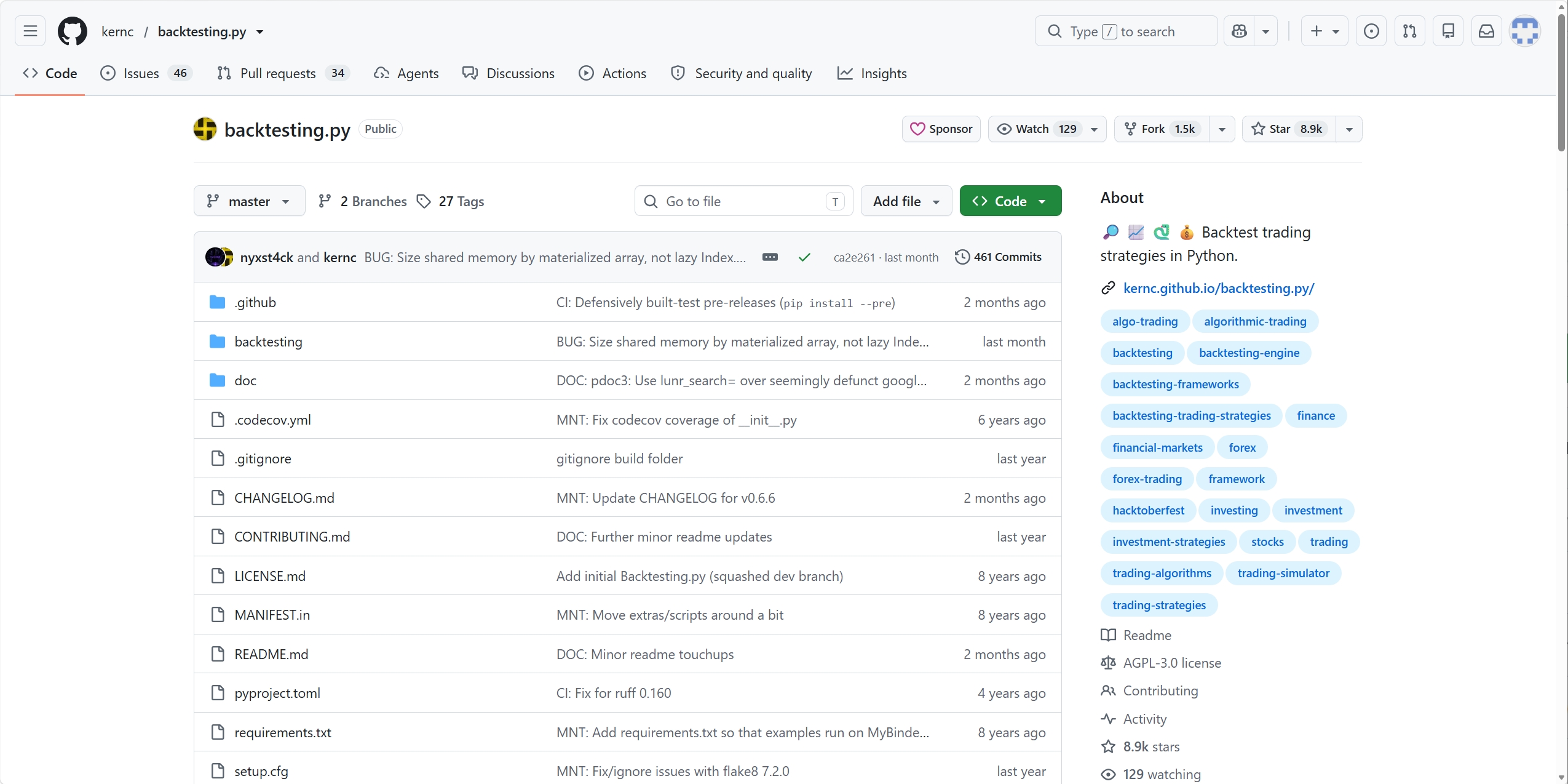 kernc/backtesting.py GitHub 仓库页面截图：文件列表与 About 信息（8.9k stars / 1.5k forks）