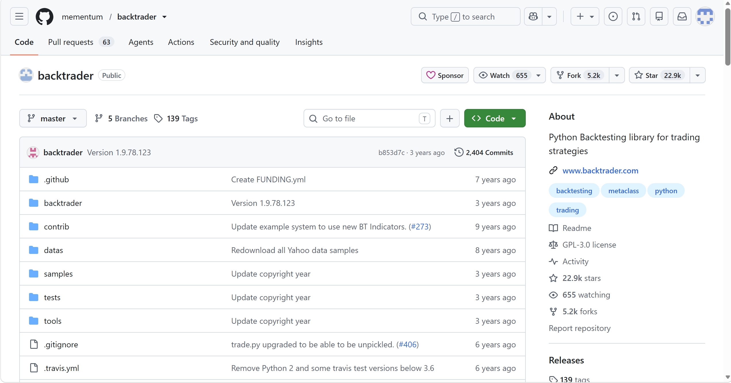 mementum/backtrader GitHub 仓库页面截图：文件列表与 About 信息
