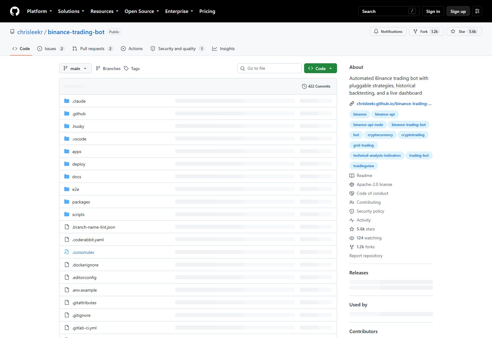 chrisleekr/binance-trading-bot 的 GitHub 仓库页面截图，可见仓库名、Star 与 Fork 数、语言与许可证信息