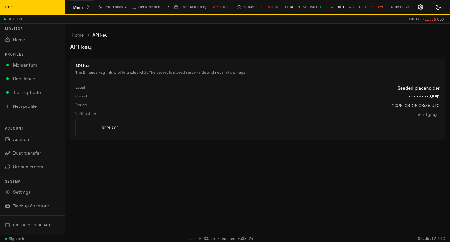 binance-trading-bot 的账户 API Key 设置页面截图