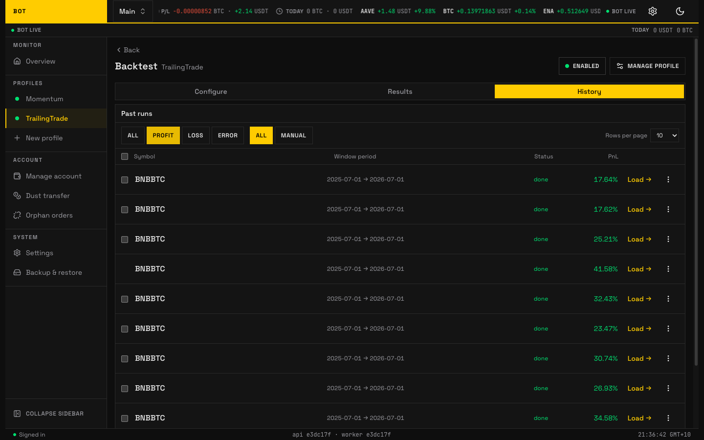 binance-trading-bot 的回测历史列表截图，显示每次回测的时间窗口、状态与盈亏