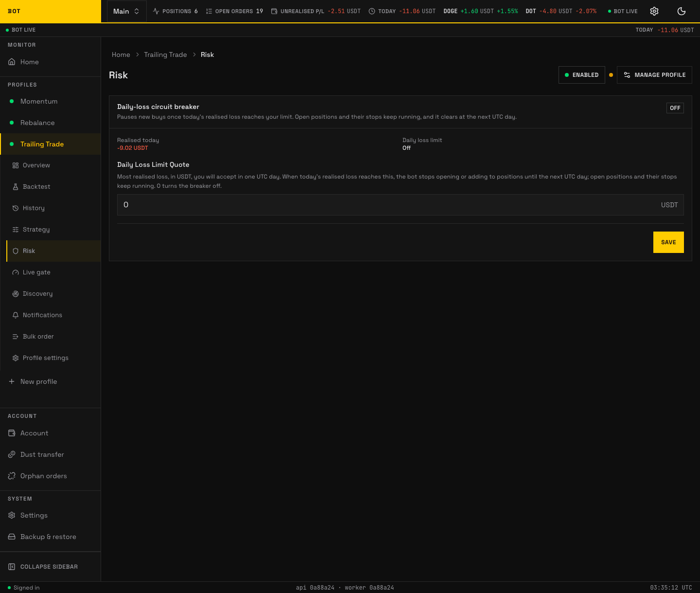 binance-trading-bot 的 Profile 风控设置区截图
