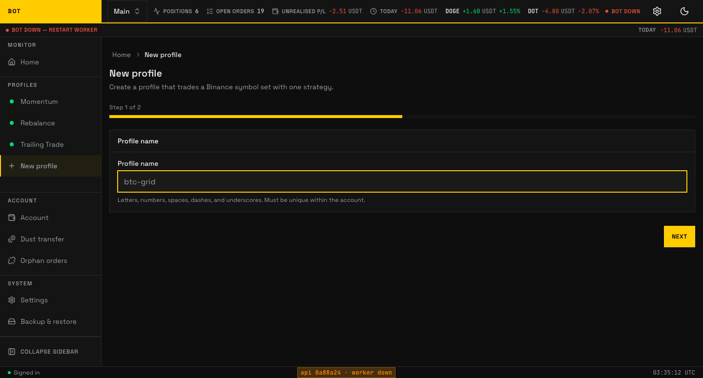 binance-trading-bot 新建交易 Profile 的向导界面截图