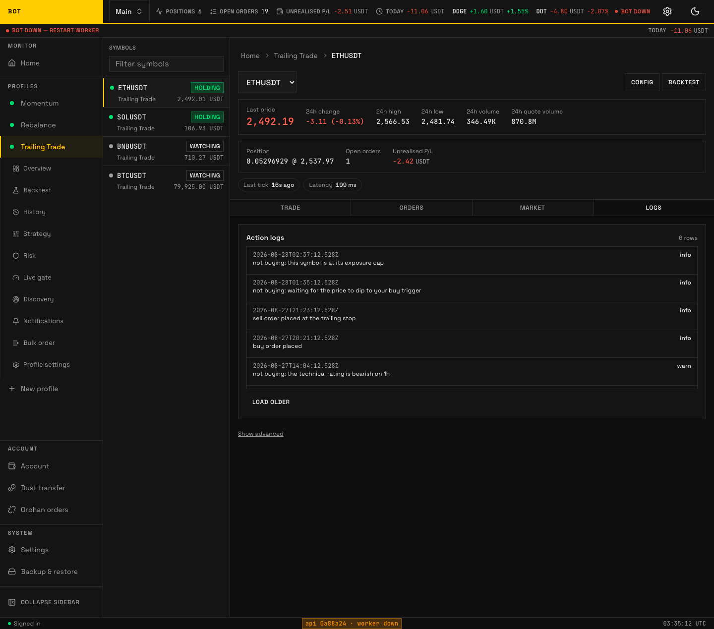 单币种页 Logs 标签截图，逐条显示每个 tick 的决策与依据