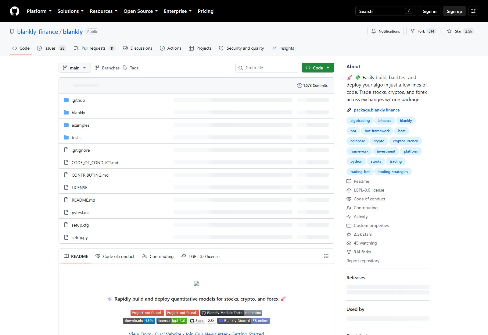 blankly-finance/blankly 的 GitHub 仓库页面截图