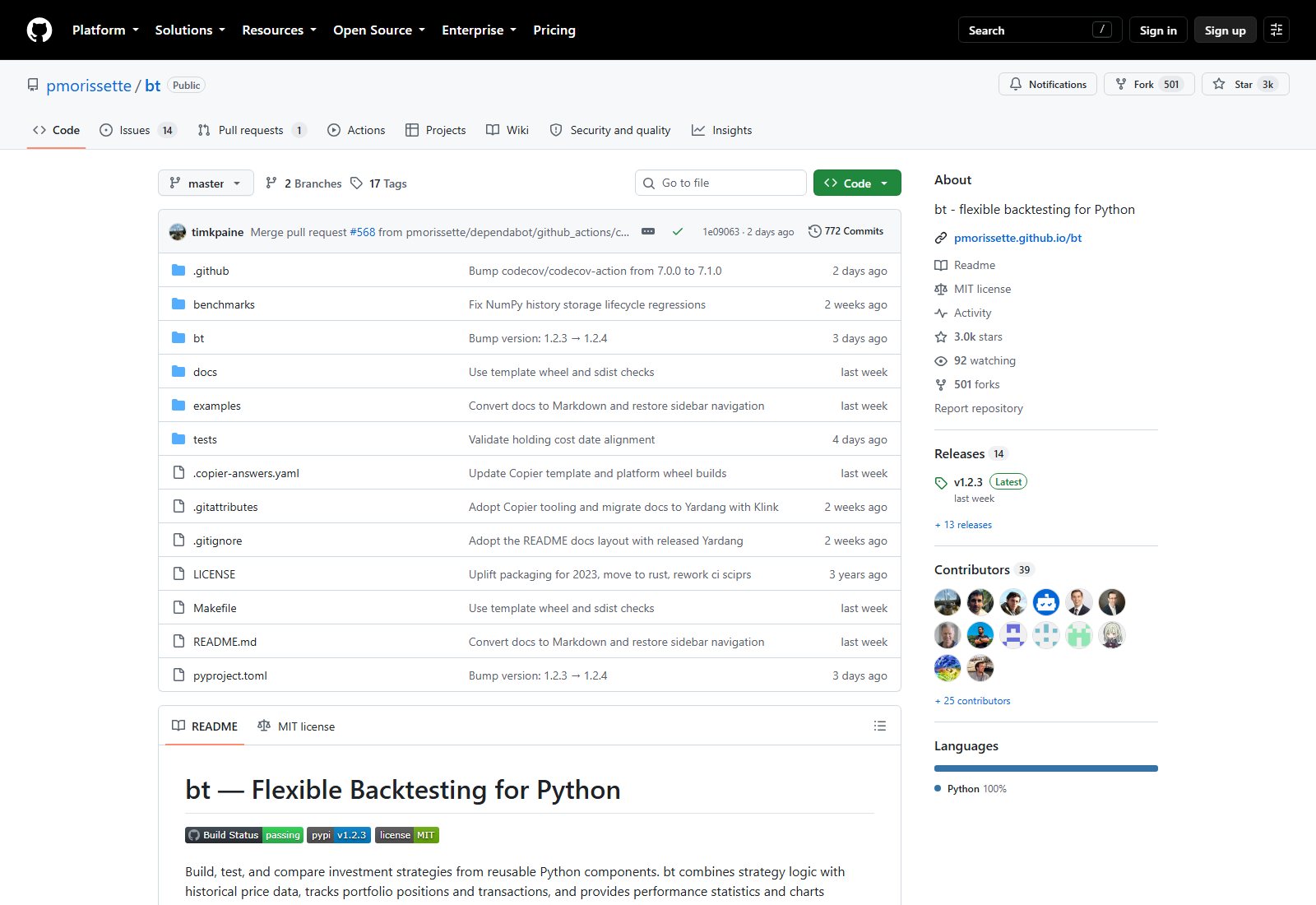 pmorissette/bt GitHub 仓库页面截图：About 描述与文件列表（约 3.0k stars / 501 forks）