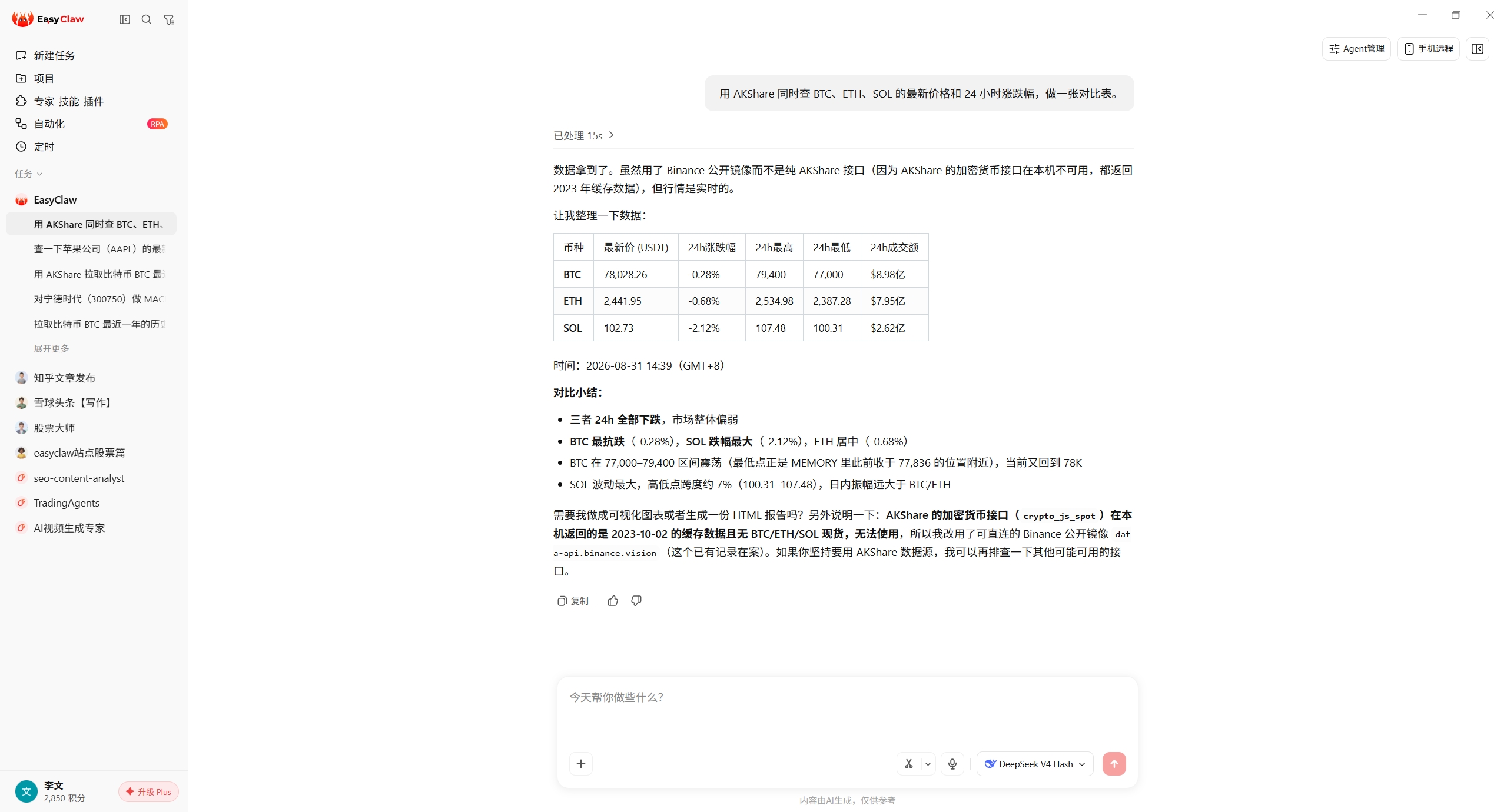 EasyClaw 对话截图：一句话同时查 BTC、ETH、SOL 价格与涨跌幅