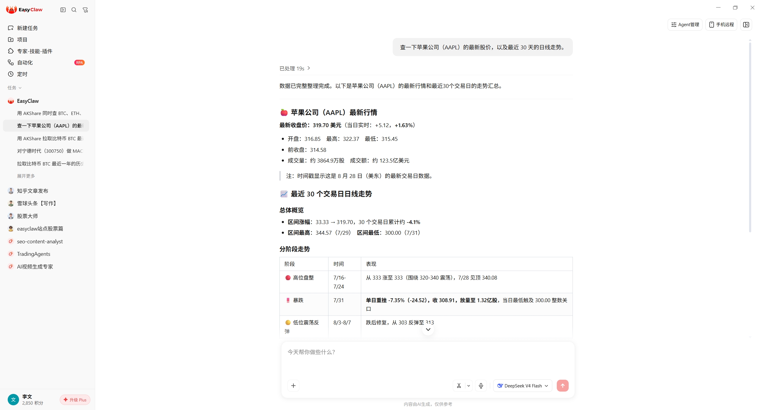 EasyClaw 对话截图：一句话查苹果公司最新股价与30日走势