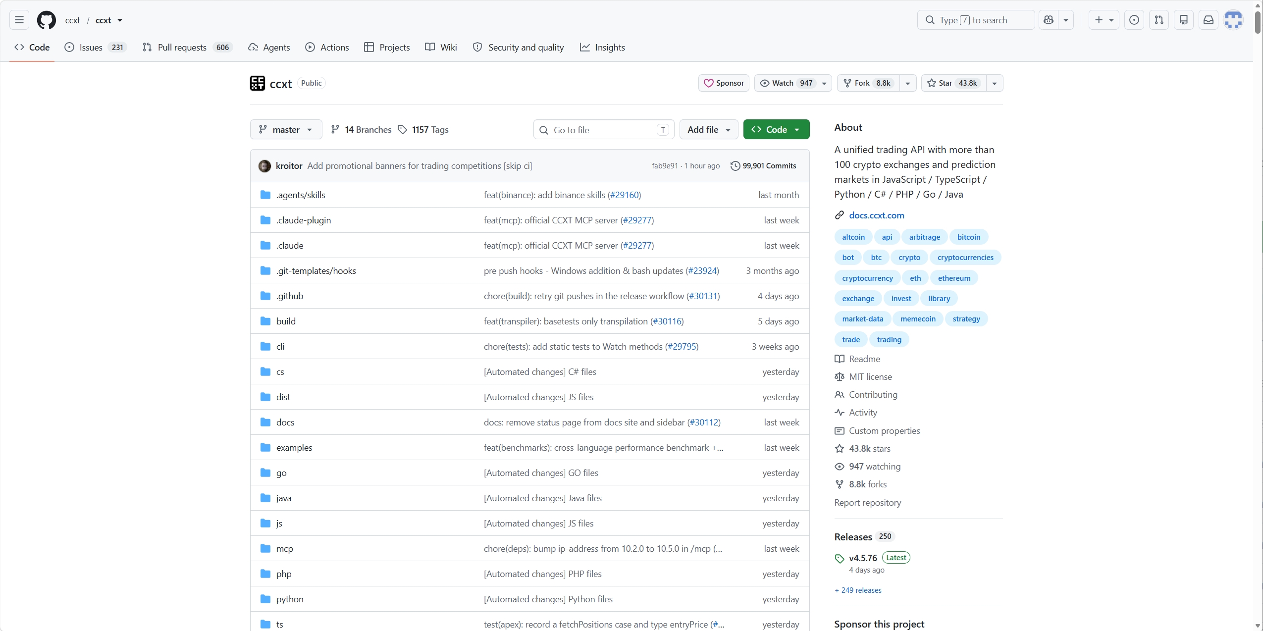 ccxt/ccxt GitHub 仓库页面截图：文件列表与 About 信息