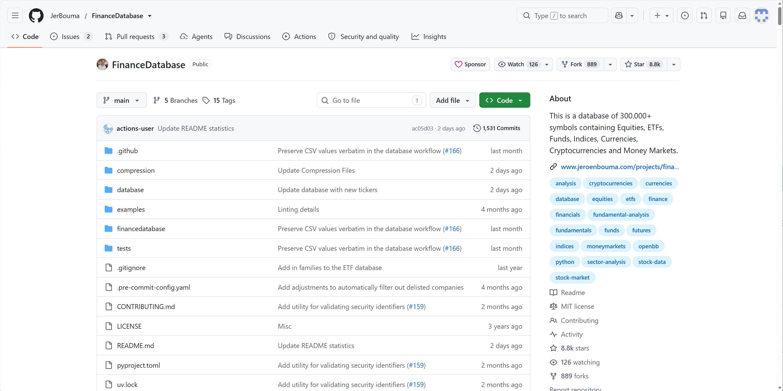 JerBouma/FinanceDatabase GitHub 仓库页面截图：文件列表与 About 信息