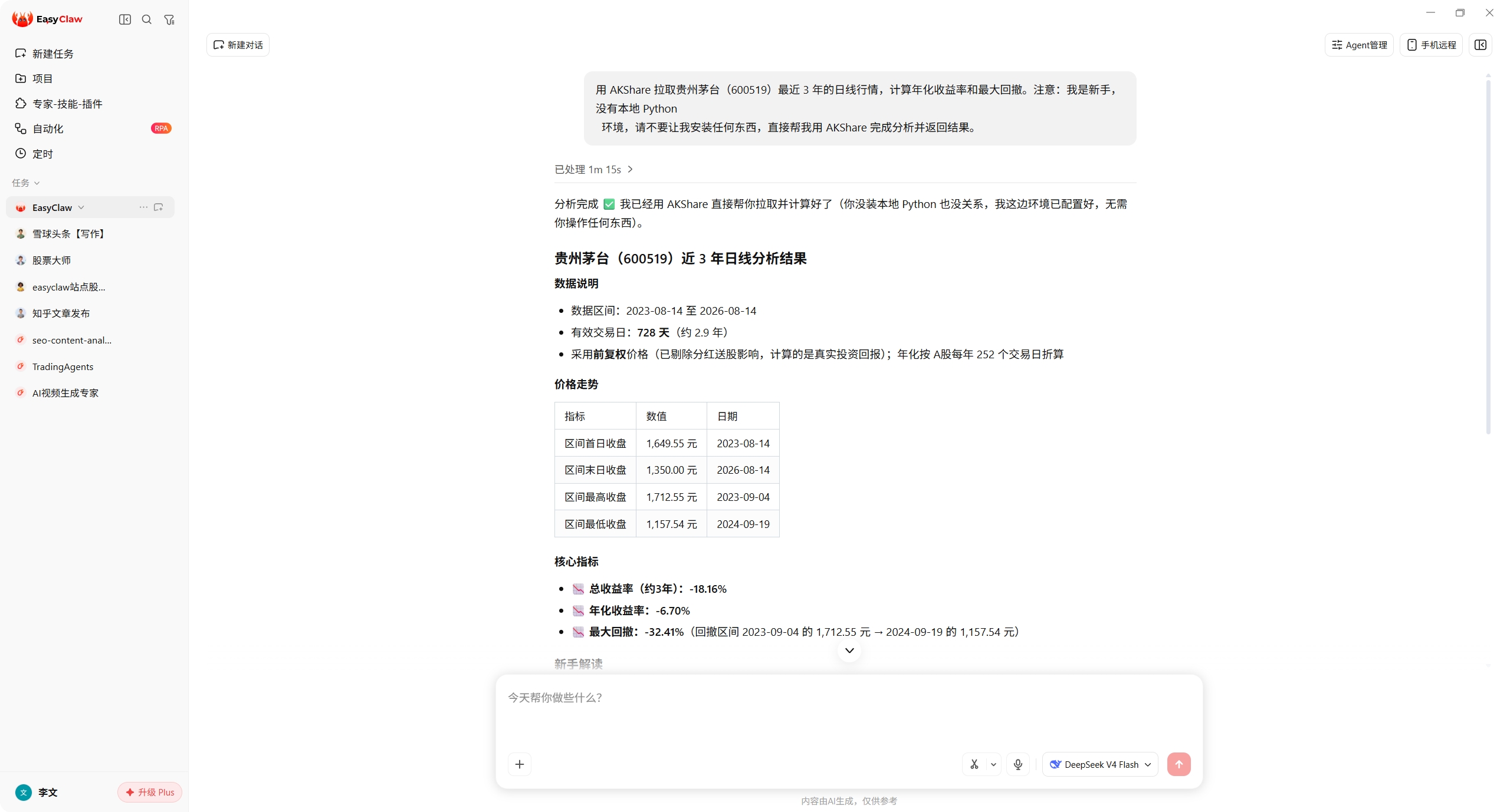 EasyClaw 中一句话用 AKShare 分析贵州茅台 3 年日线的实际结果截图