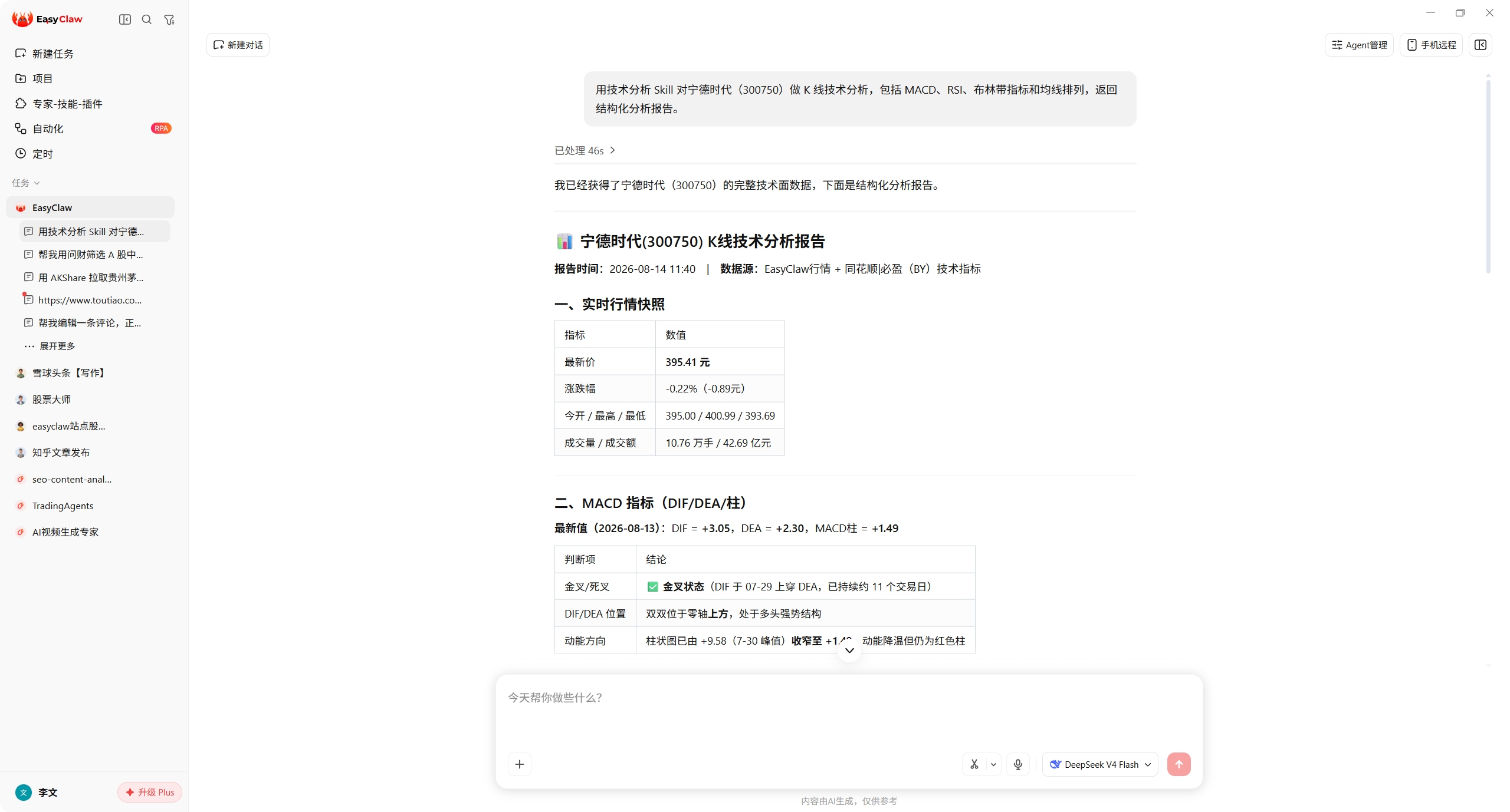 EasyClaw 一句话对宁德时代做 K 线技术分析的实际结果截图