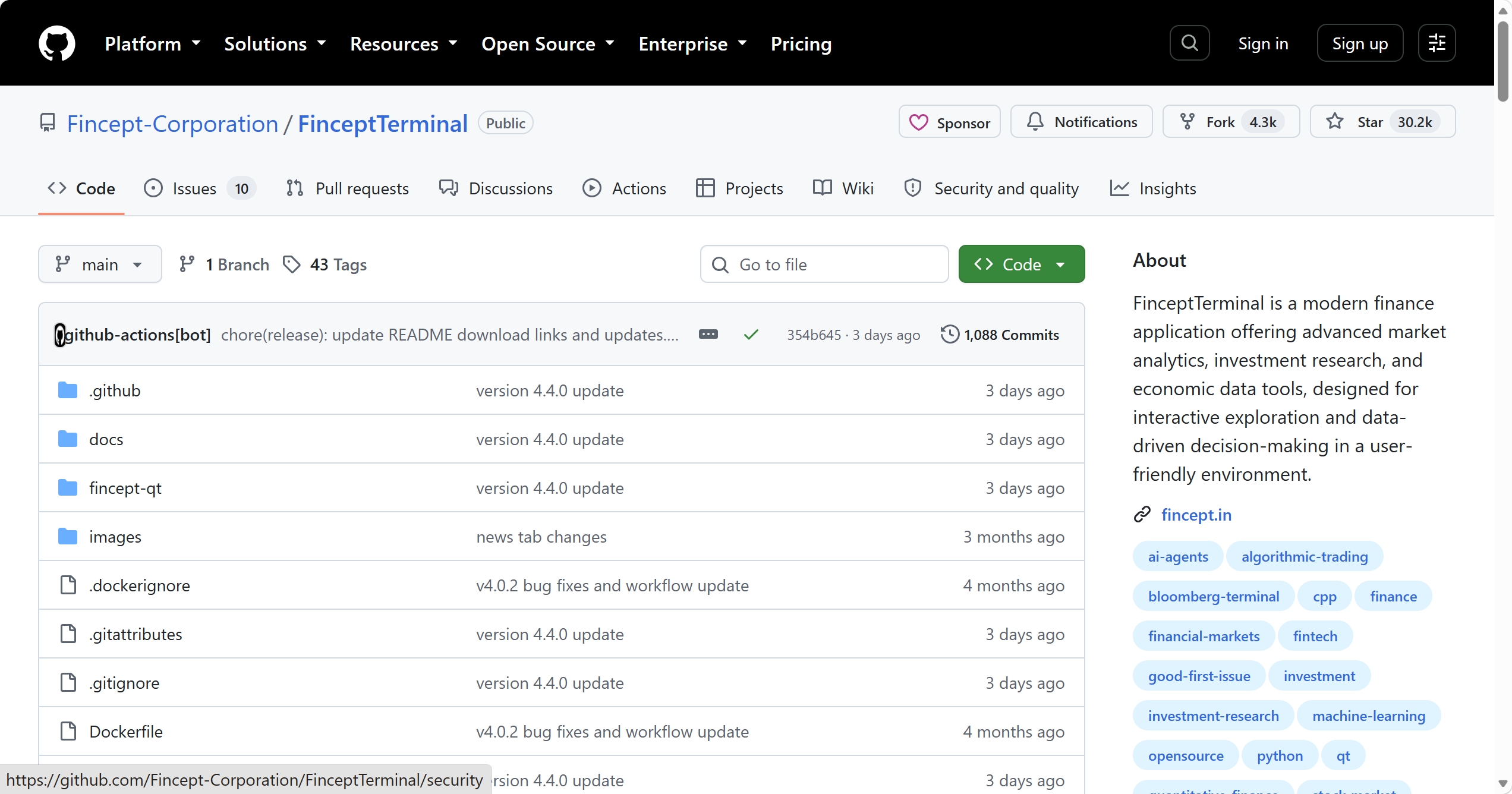 Fincept-Corporation/FinceptTerminal GitHub 仓库页面截图：文件列表与 About 信息