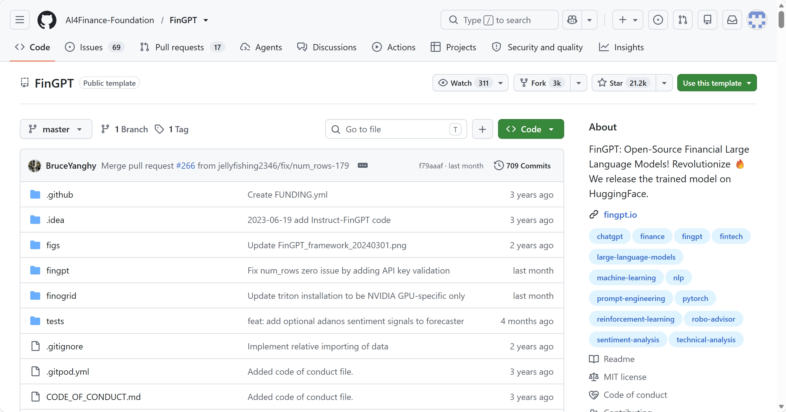 AI4Finance-Foundation/FinGPT GitHub 仓库页面截图：文件列表与 About 信息
