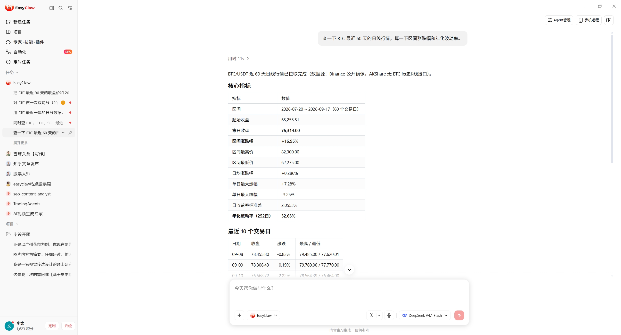 EasyClaw 对话截图：一句话查 BTC 近 60 天日线行情并算出区间涨跌幅与年化波动率