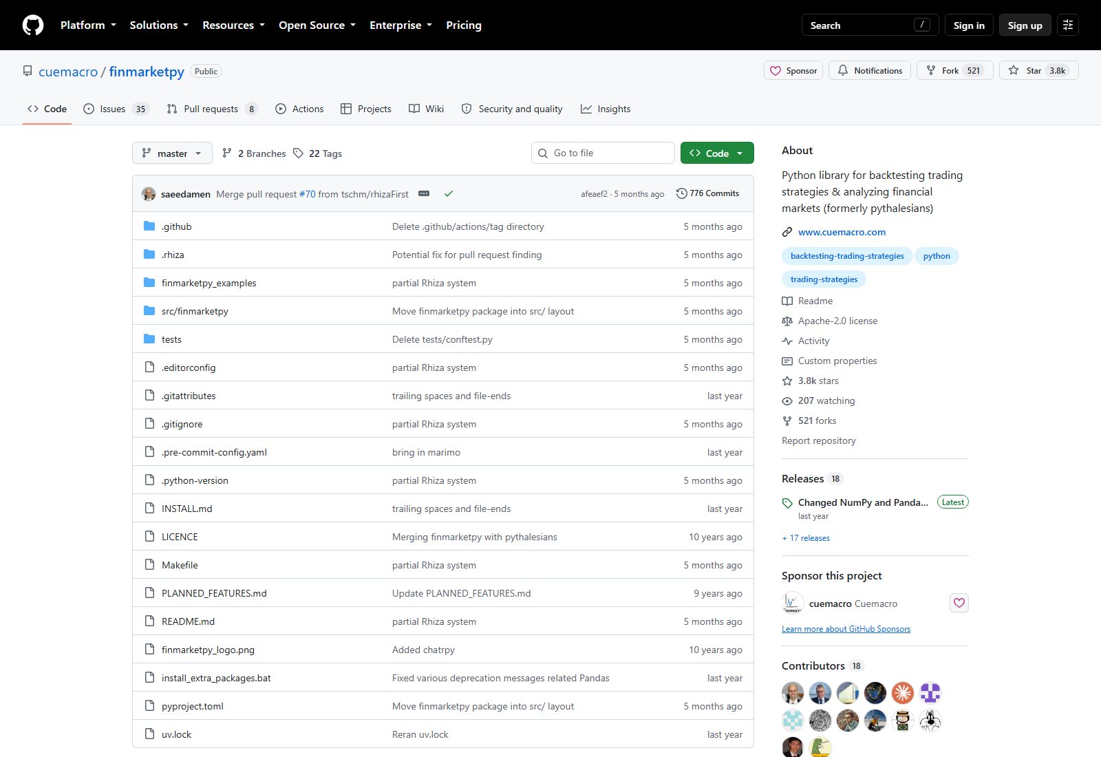 cuemacro/finmarketpy GitHub 仓库页面截图：仓库名、About 简介、顶层目录结构与 Star/Fork 数