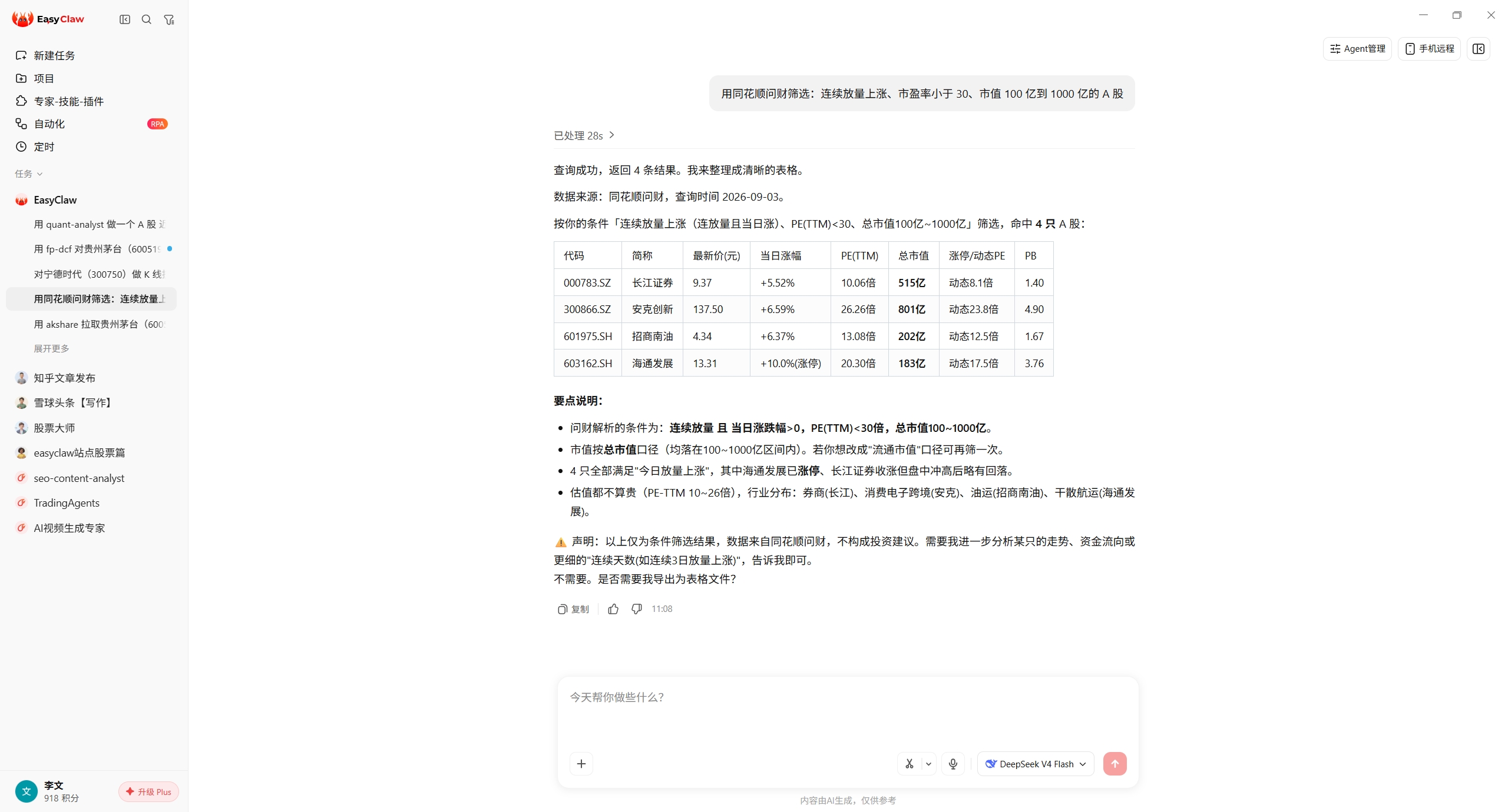 EasyClaw 对话截图：用 iwencai 一句话筛选连续放量上涨、市盈率小于 30、市值 100 亿到 1000 亿的 A 股