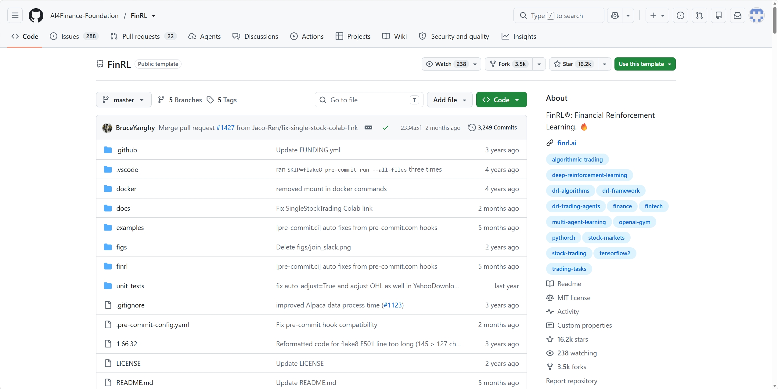 FinRL（AI4Finance-Foundation）GitHub 仓库页面截图