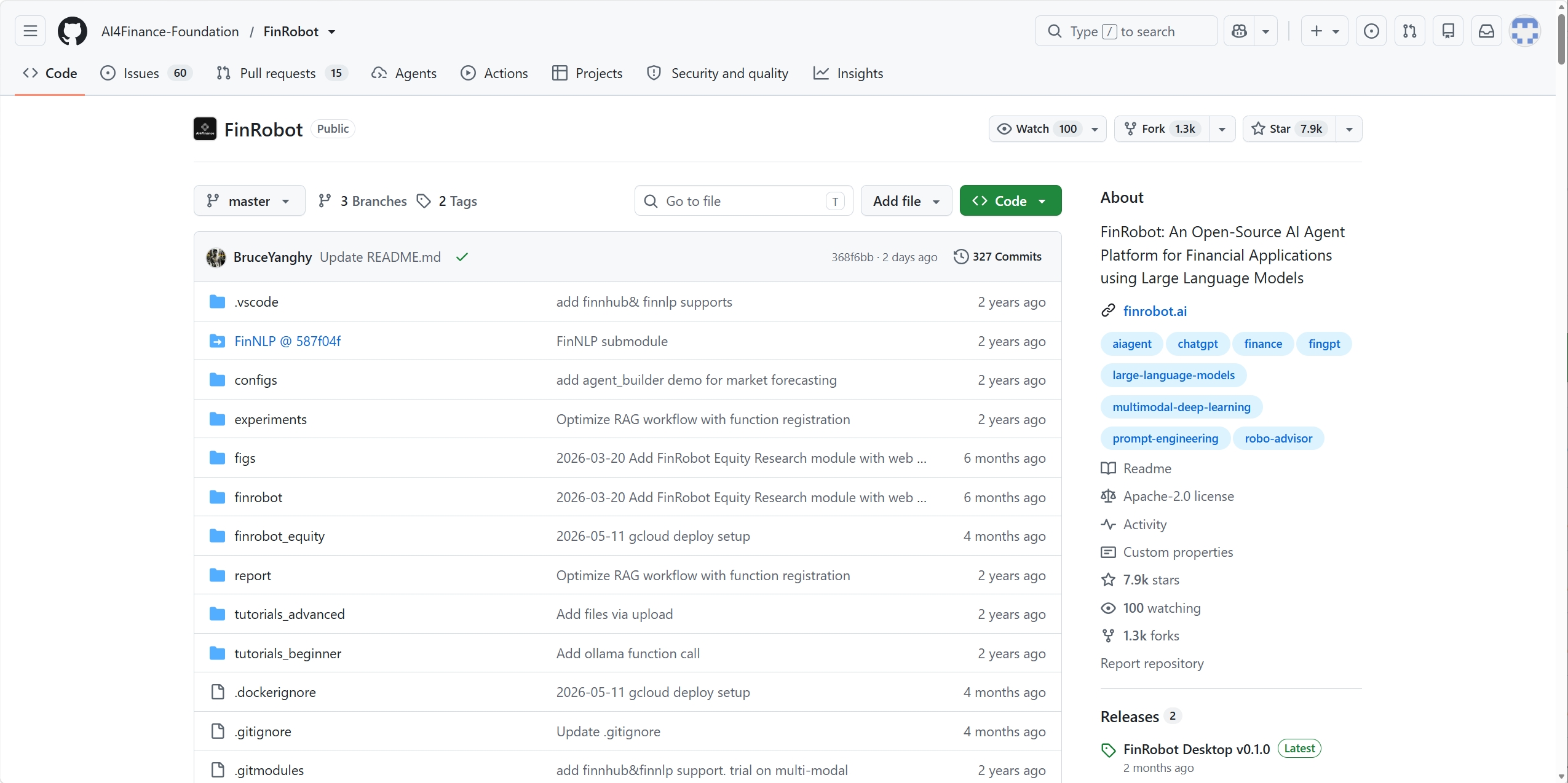 FinRobot GitHub 仓库页面截图：AI4Finance-Foundation/FinRobot 文件列表与 About 信息