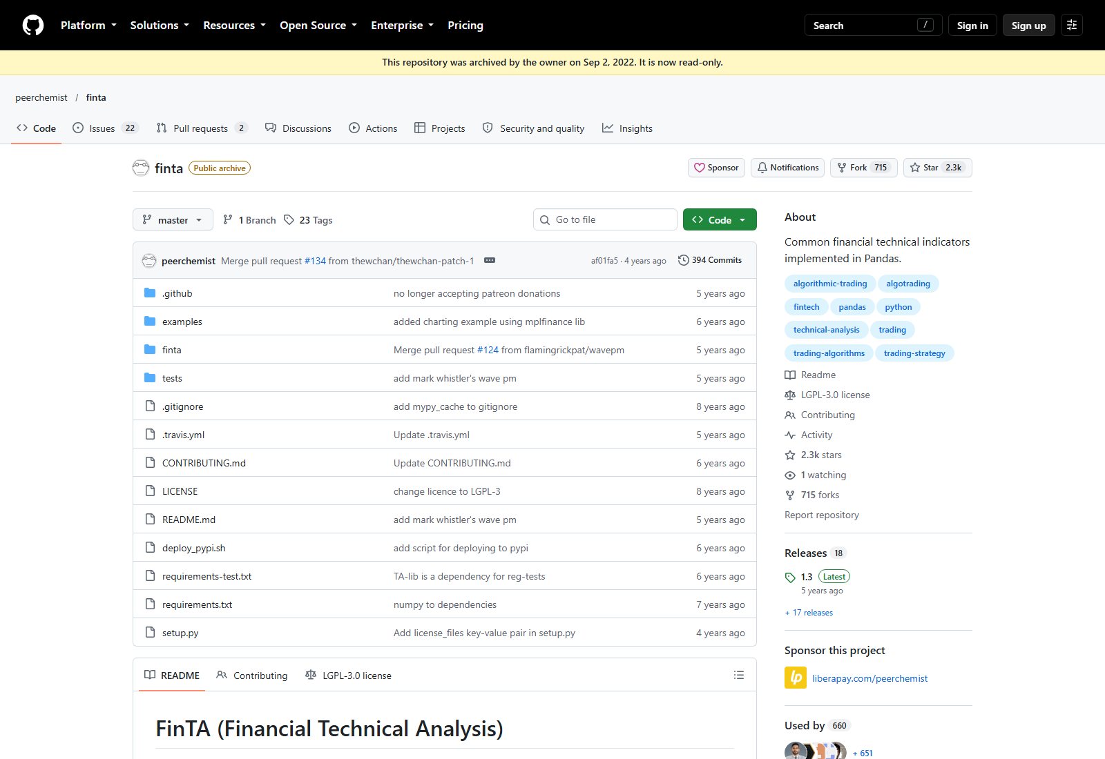 peerchemist/finta GitHub 仓库页面截图