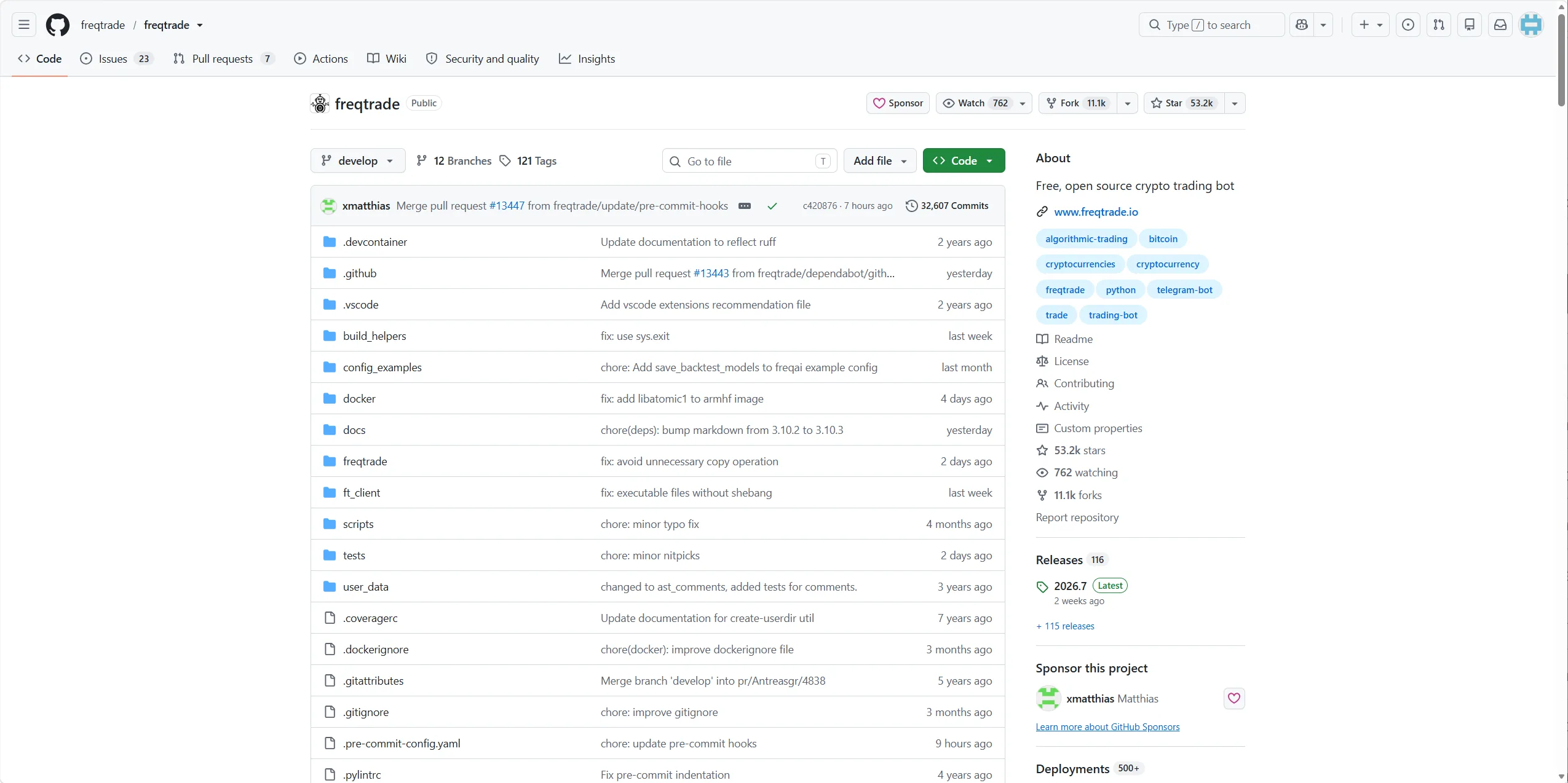 Freqtrade 官方 GitHub 仓库页面截图（2026-08 核验）：开源 GPL-3.0，53.2k stars / 11.1k forks