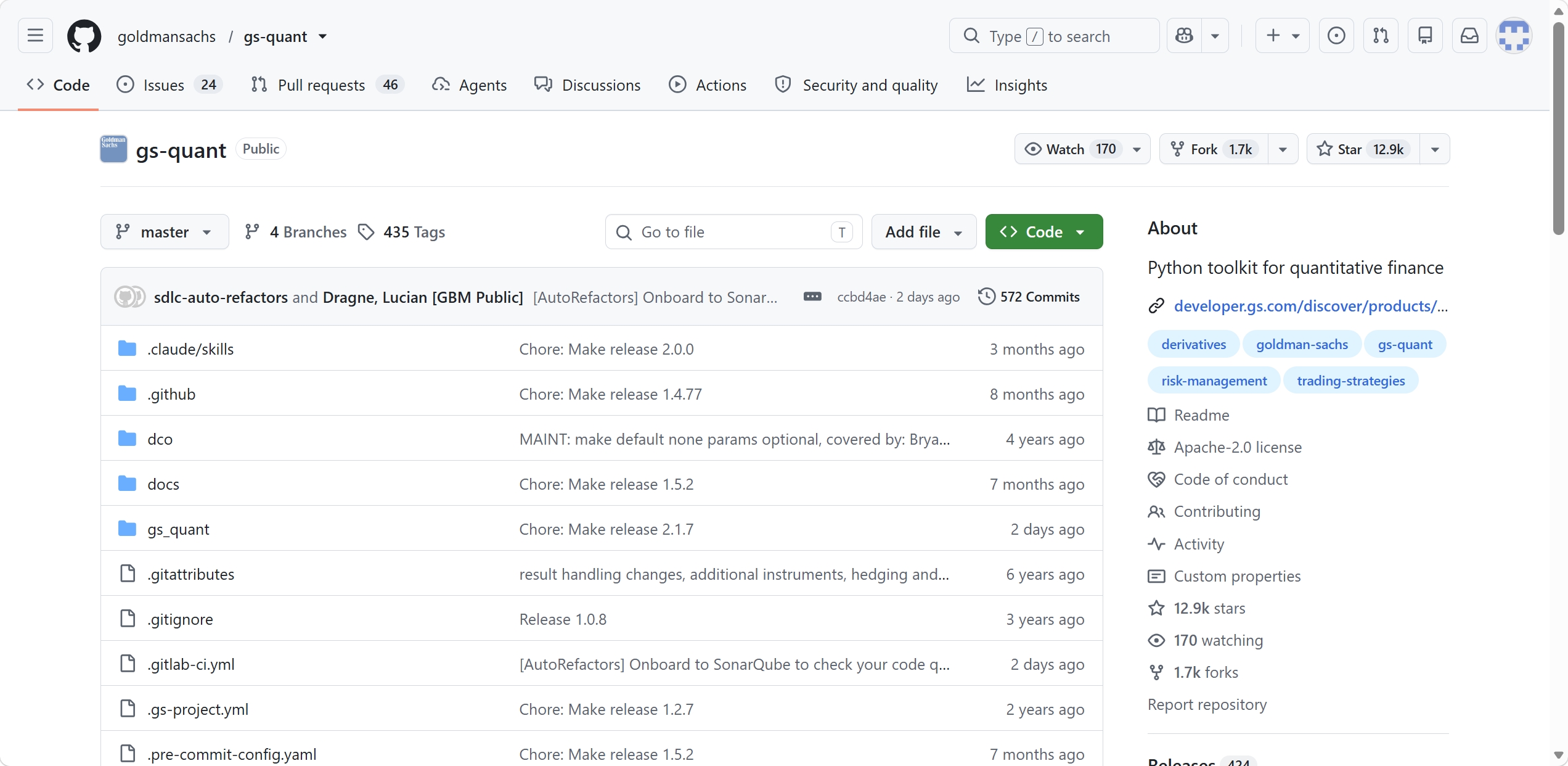 goldmansachs/gs-quant GitHub 仓库页面截图
