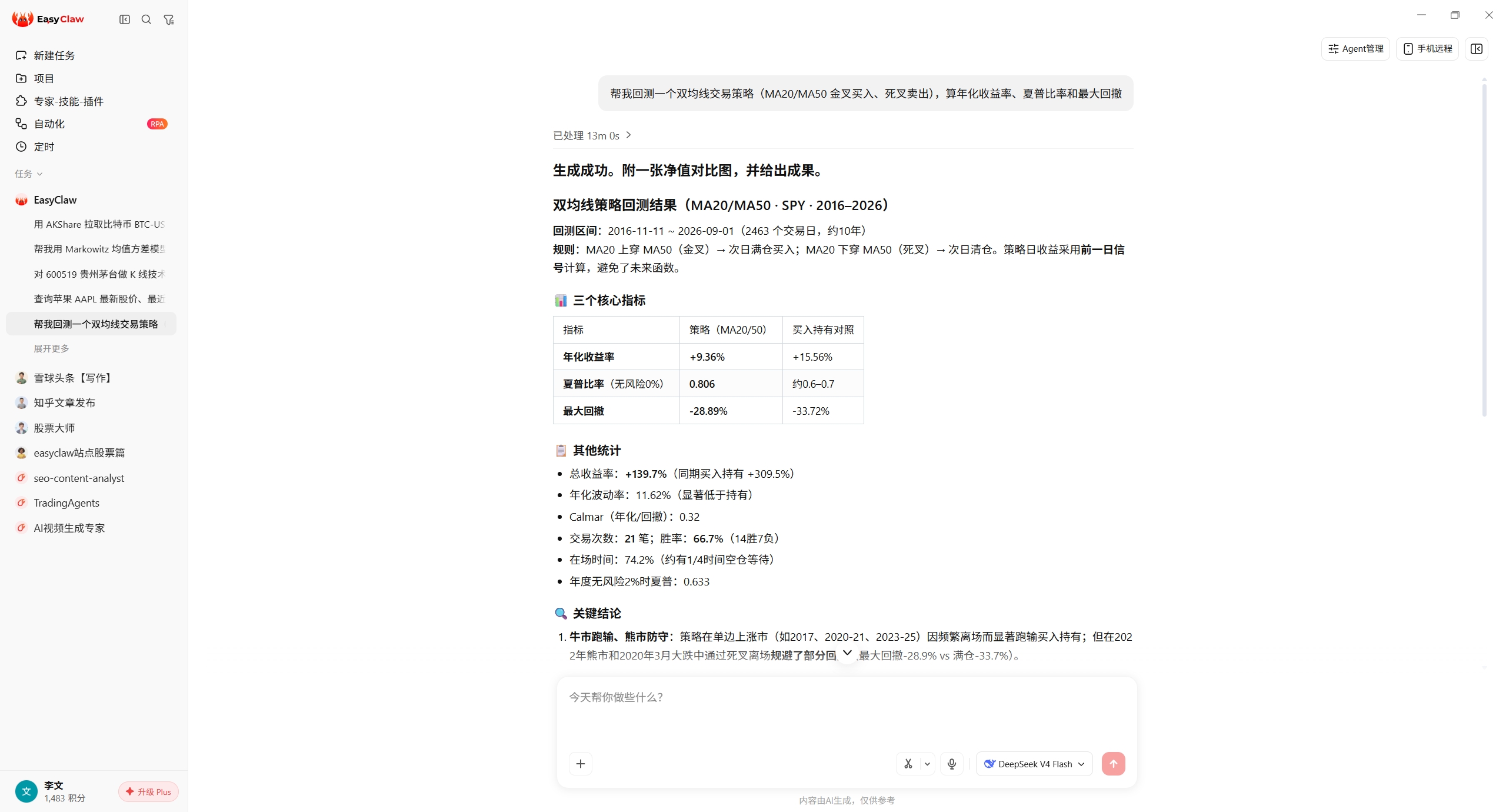 EasyClaw 量化分析师 Skill：一句话双均线策略回测的实际结果截图