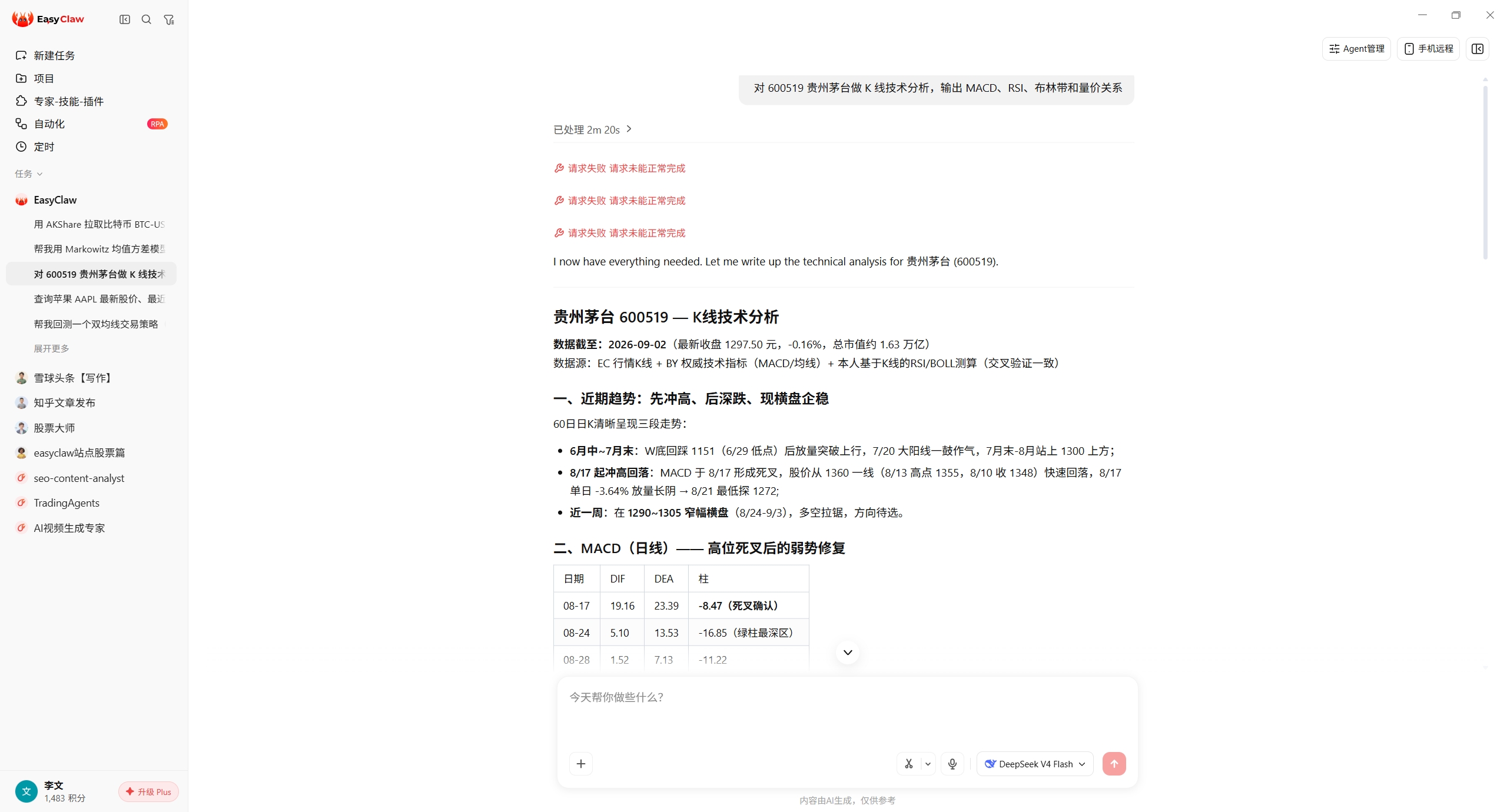 EasyClaw 技术分析 Skill：一句话对贵州茅台做 K 线技术分析的实际结果截图