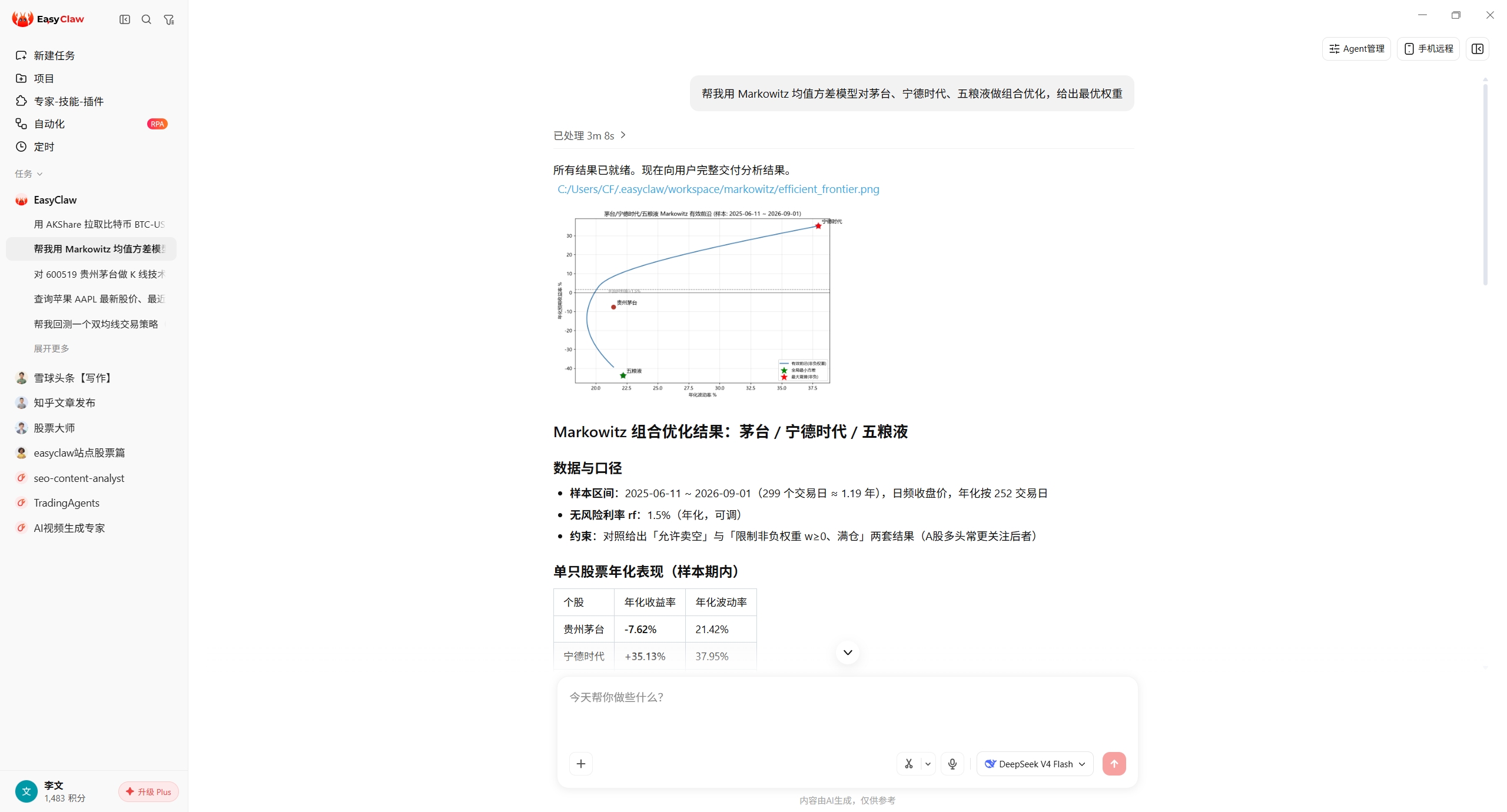 EasyClaw 量化分析师 Skill：一句话 Markowitz 组合优化的实际结果截图