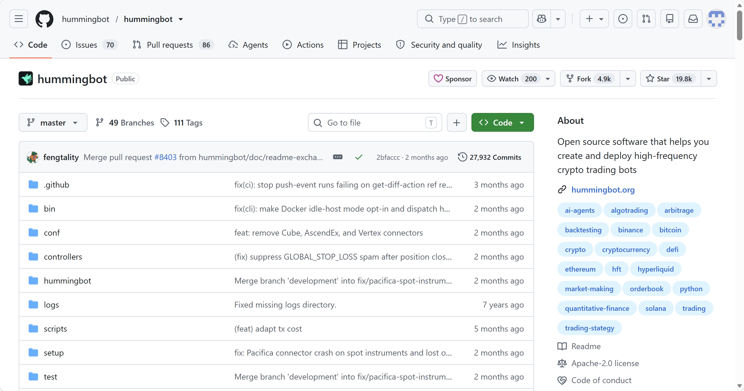 Hummingbot GitHub 仓库页面截图：文件列表与 About 信息