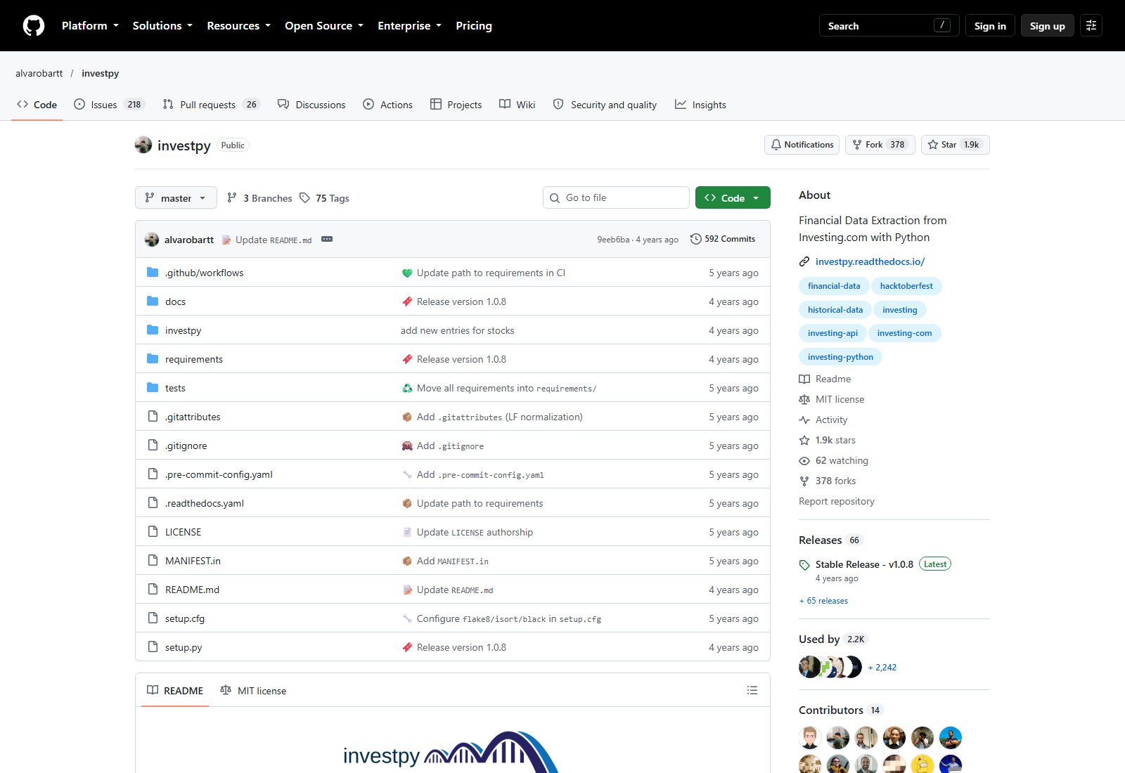 alvarobartt/investpy 的 GitHub 仓库页面截图：仓库名、Star 与 Fork 数量、master 分支、MIT license 与最新 Release