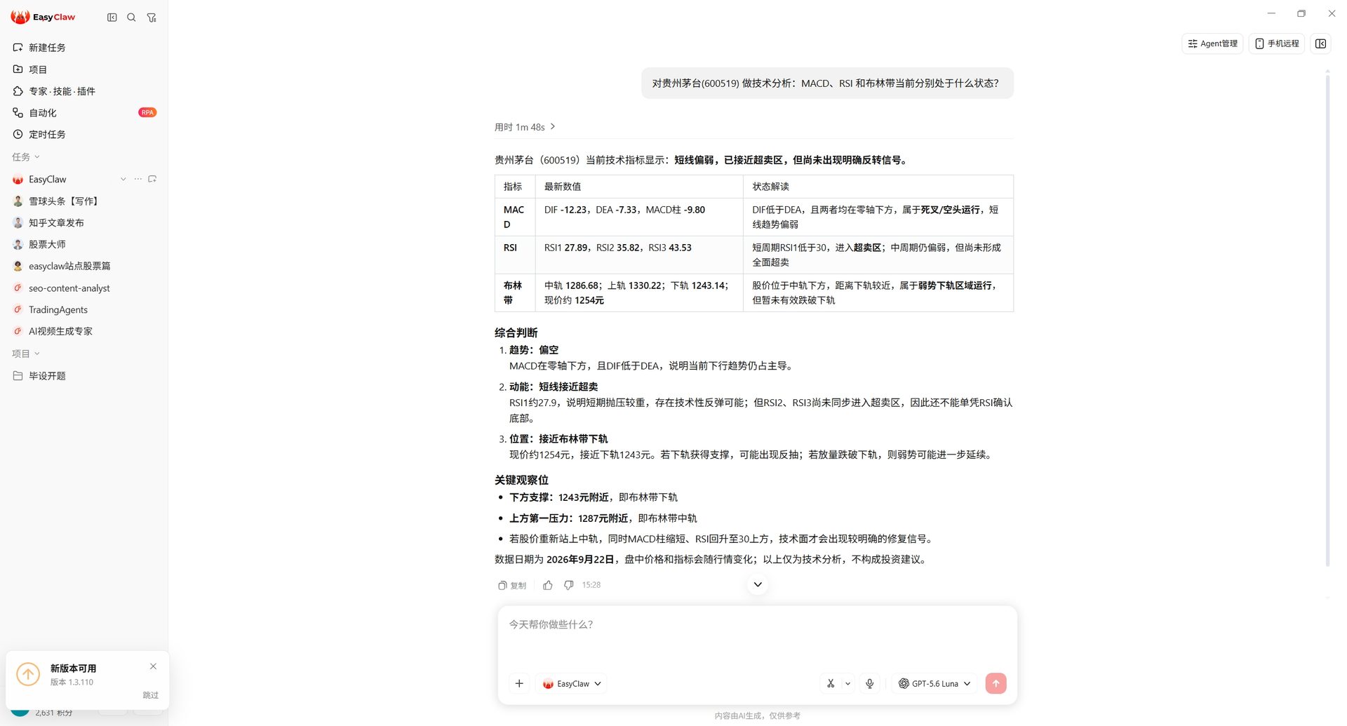 EasyClaw 对话截图：贵州茅台 MACD、RSI 与布林带当前状态的技术分析
