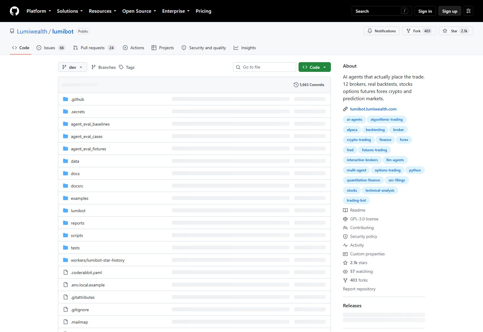 Lumiwealth/lumibot 的 GitHub 仓库首页截图，可见仓库名、Python 语言标识、许可标识与根目录文件列表