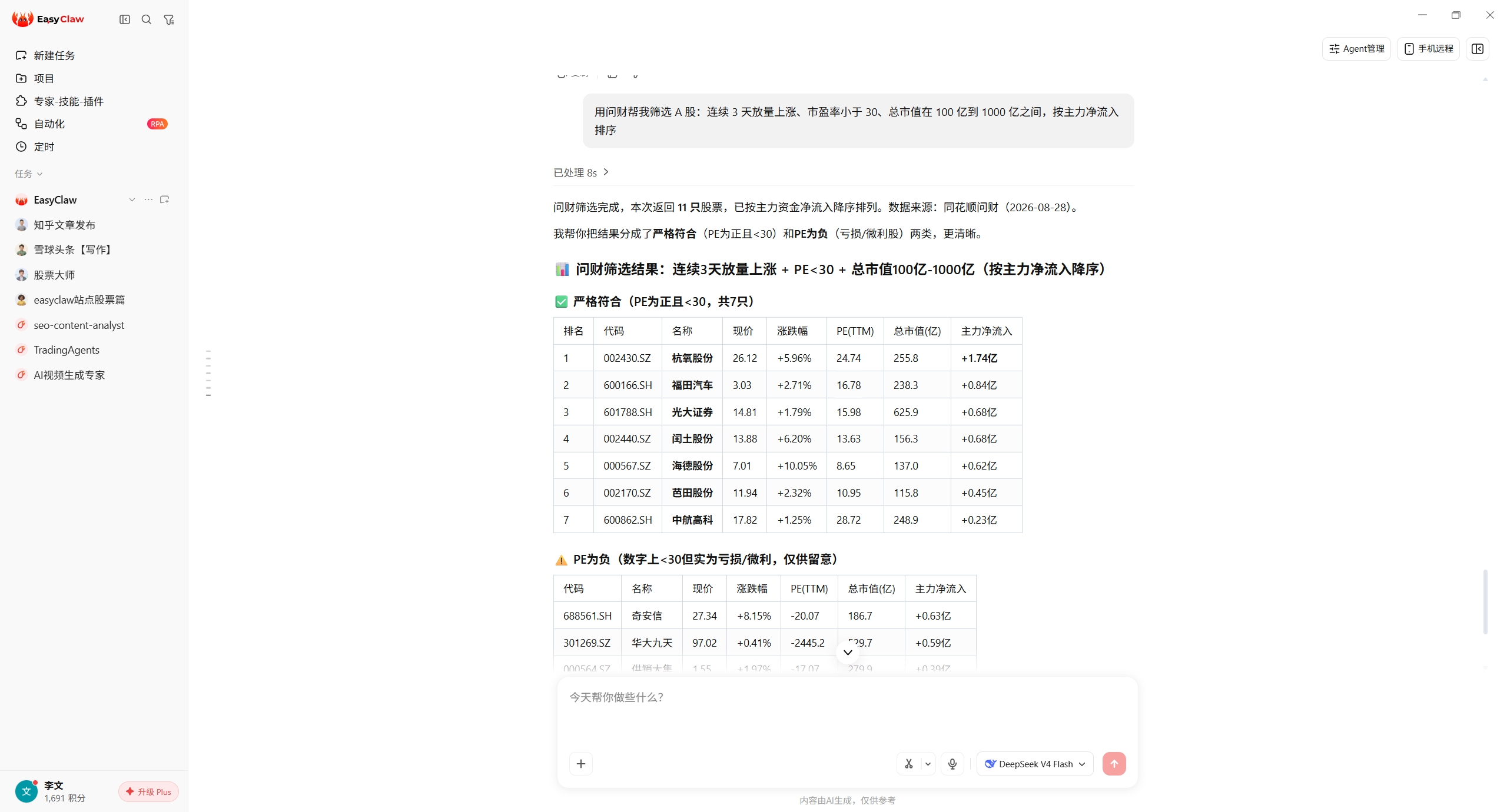 EasyClaw 对话截图：用 akshare-finance 一句话拉取贵州茅台 3 年日线并计算年化收益率、最大回撤和夏普比率