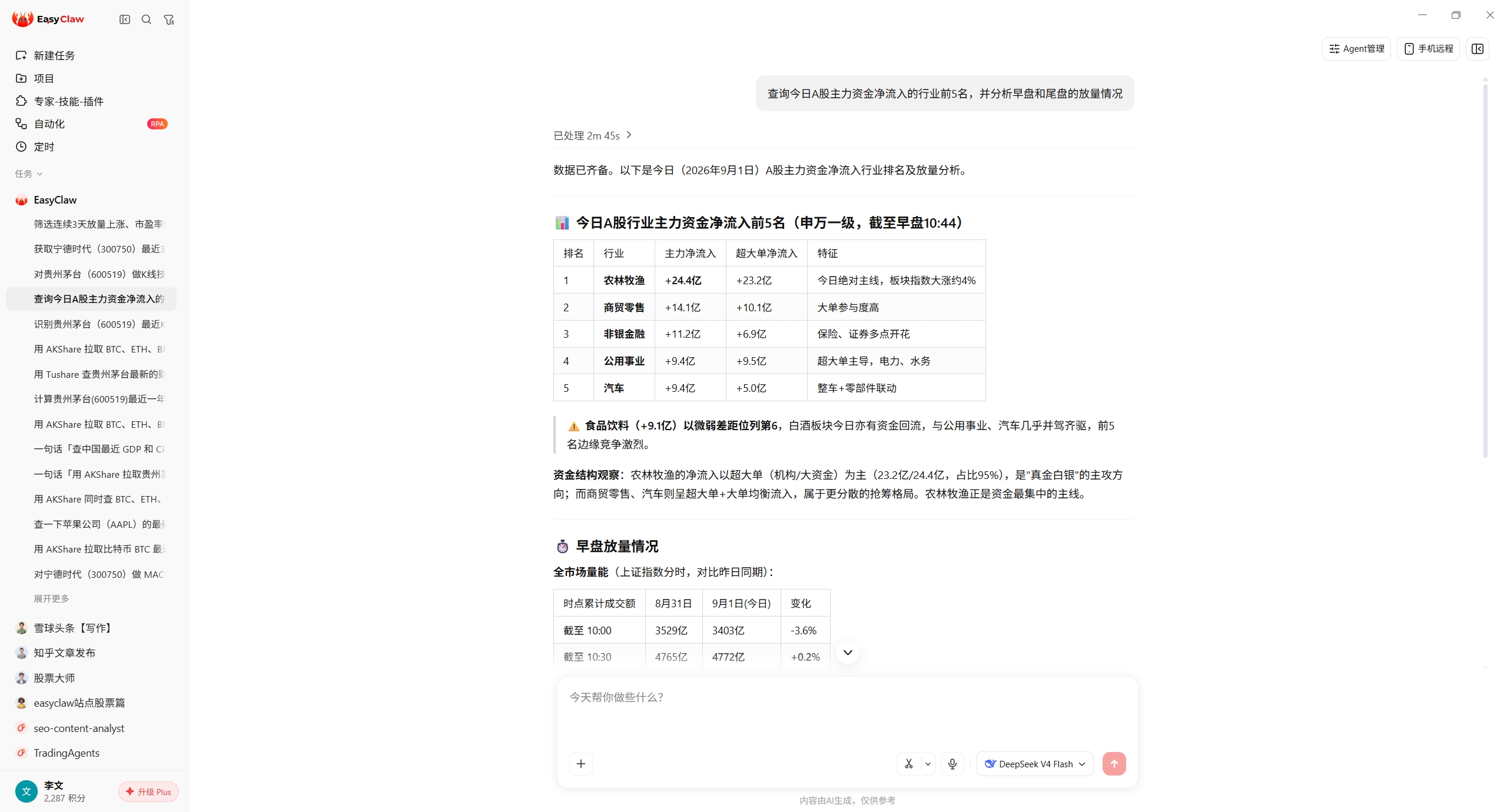 EasyClaw 中一句话查询行业主力资金净流入前5名的实际结果截图