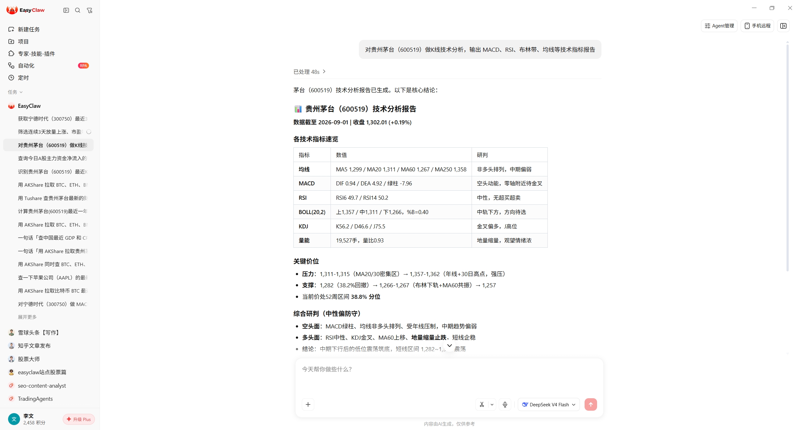 EasyClaw 中一句话对贵州茅台做 K 线技术分析（MACD/RSI/布林带）的实际结果截图