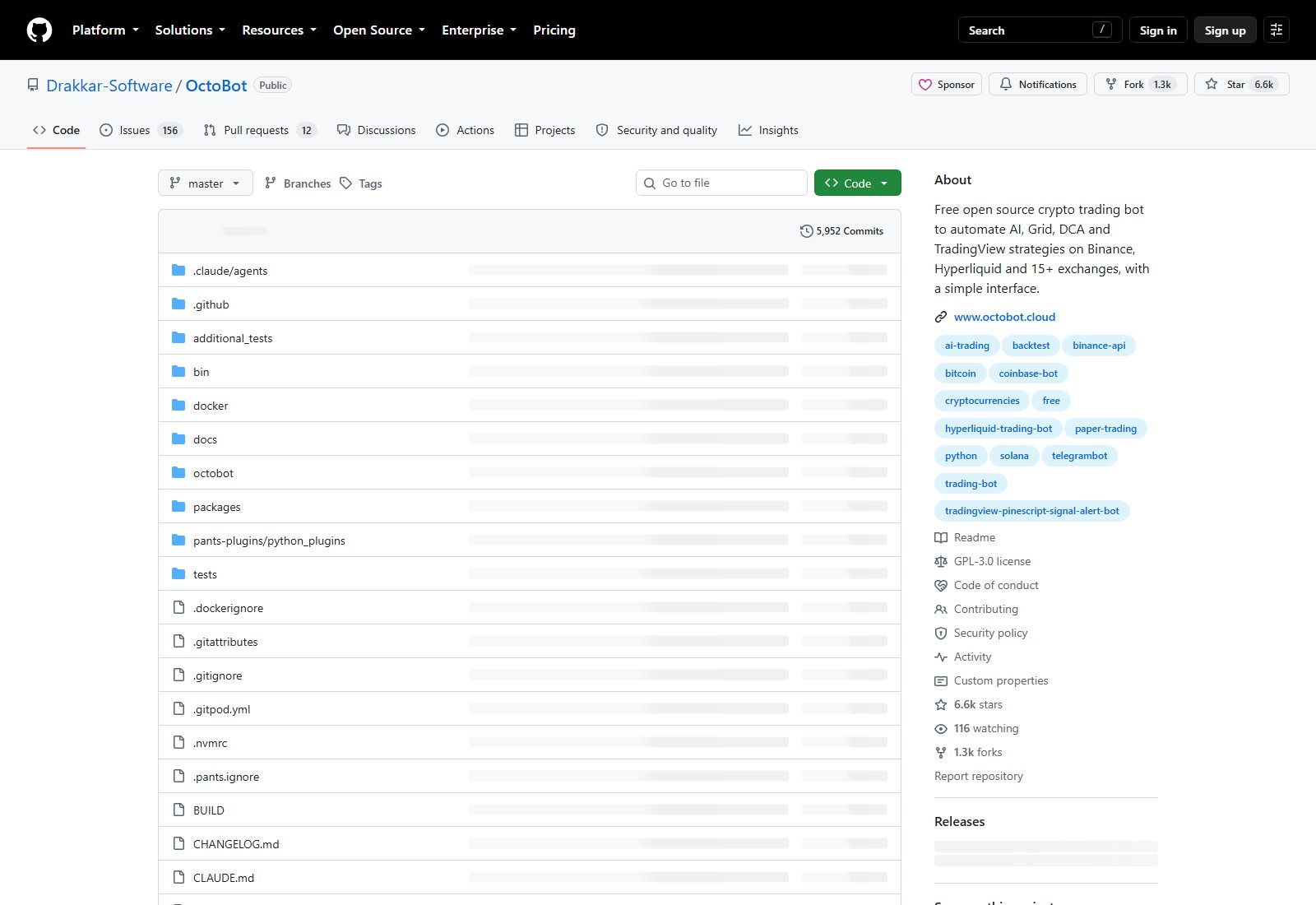 OctoBot GitHub 仓库页面截图：Drakkar-Software/OctoBot 文件列表与 About 简介