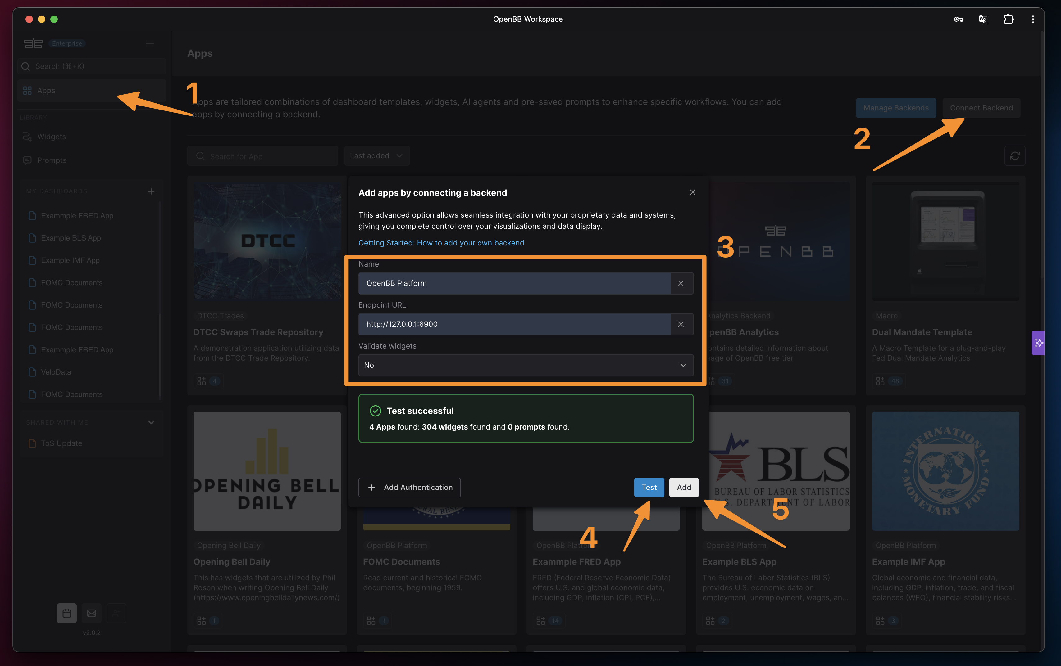 OpenBB Workspace 官方界面：Apps 管理与后端连接，含 127.0.0.1:6900 API