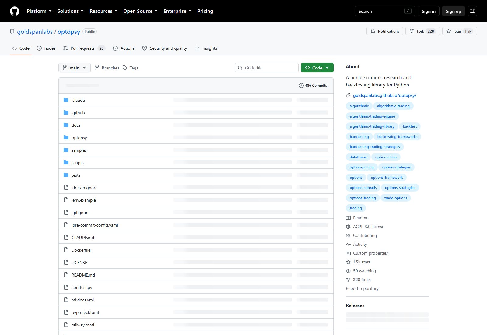 goldspanlabs/optopsy GitHub 仓库首页截图，可见仓库名、star 与 fork 计数与 AGPL-3.0 许可标记