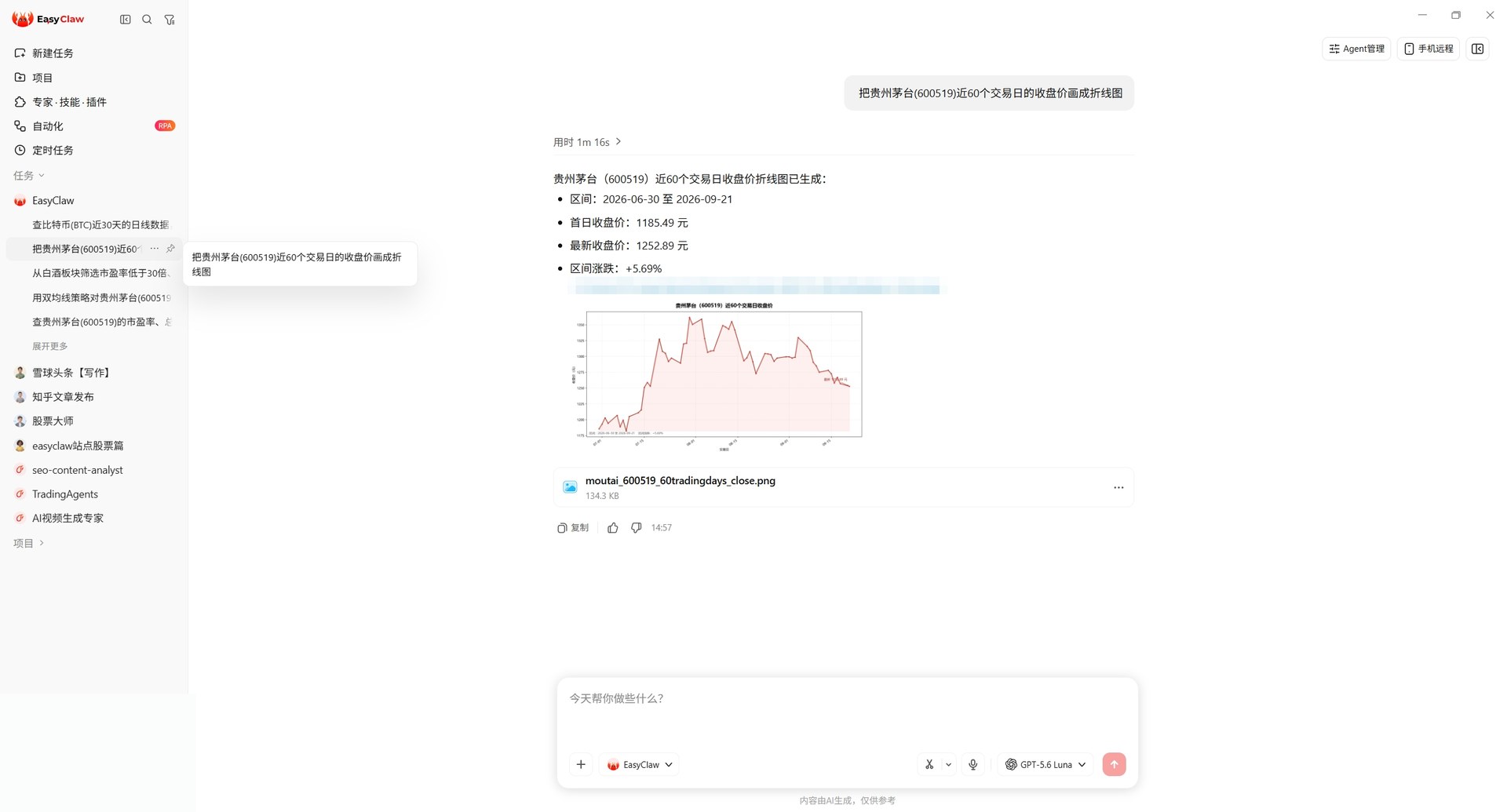EasyClaw 对话：把贵州茅台近60个交易日收盘价画成折线图并输出 PNG 文件