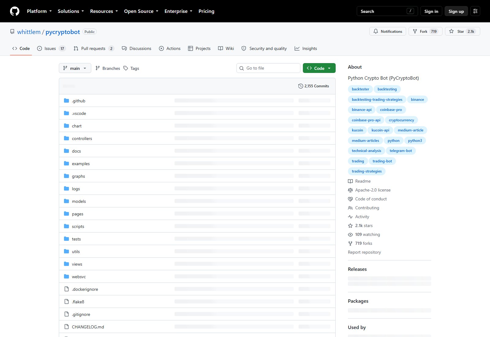 whittlem/pycryptobot 的 GitHub 仓库页面截图