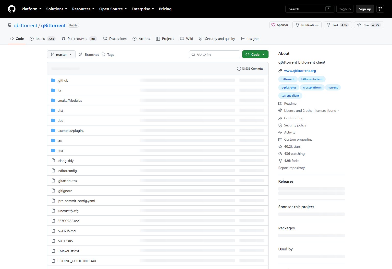 qbittorrent/qBittorrent GitHub 仓库页面截图：仓库名、About 简介、顶层目录与 Star/Fork 数